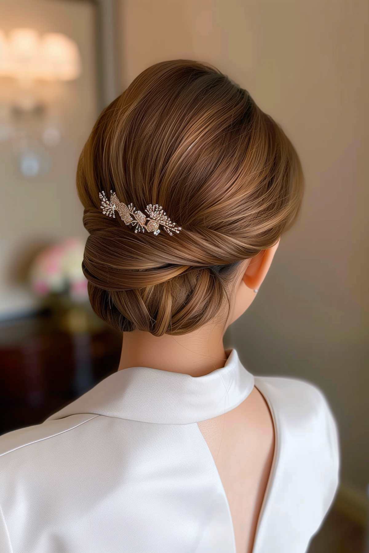 Sleek classy bun with an elegant jeweled hairpin for medium-length hair