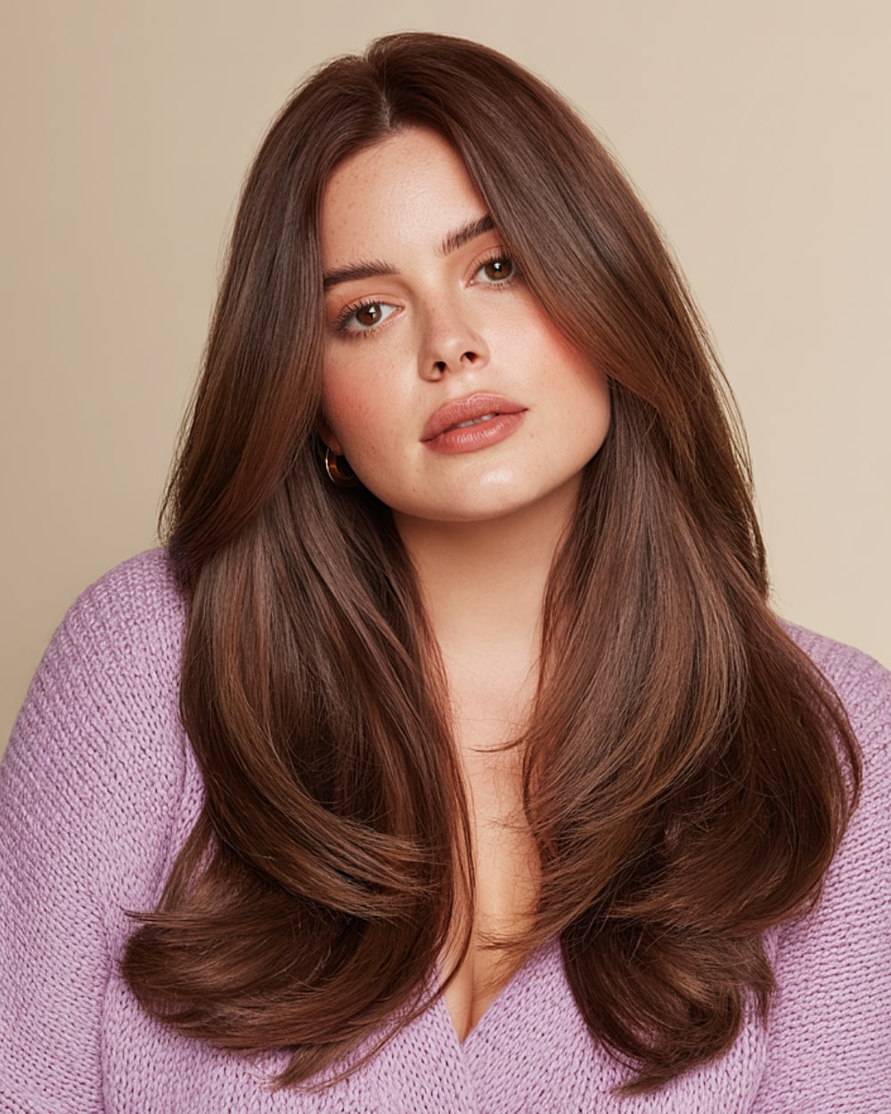 Long sleek brunette hairstyle with contouring layers and a middle part