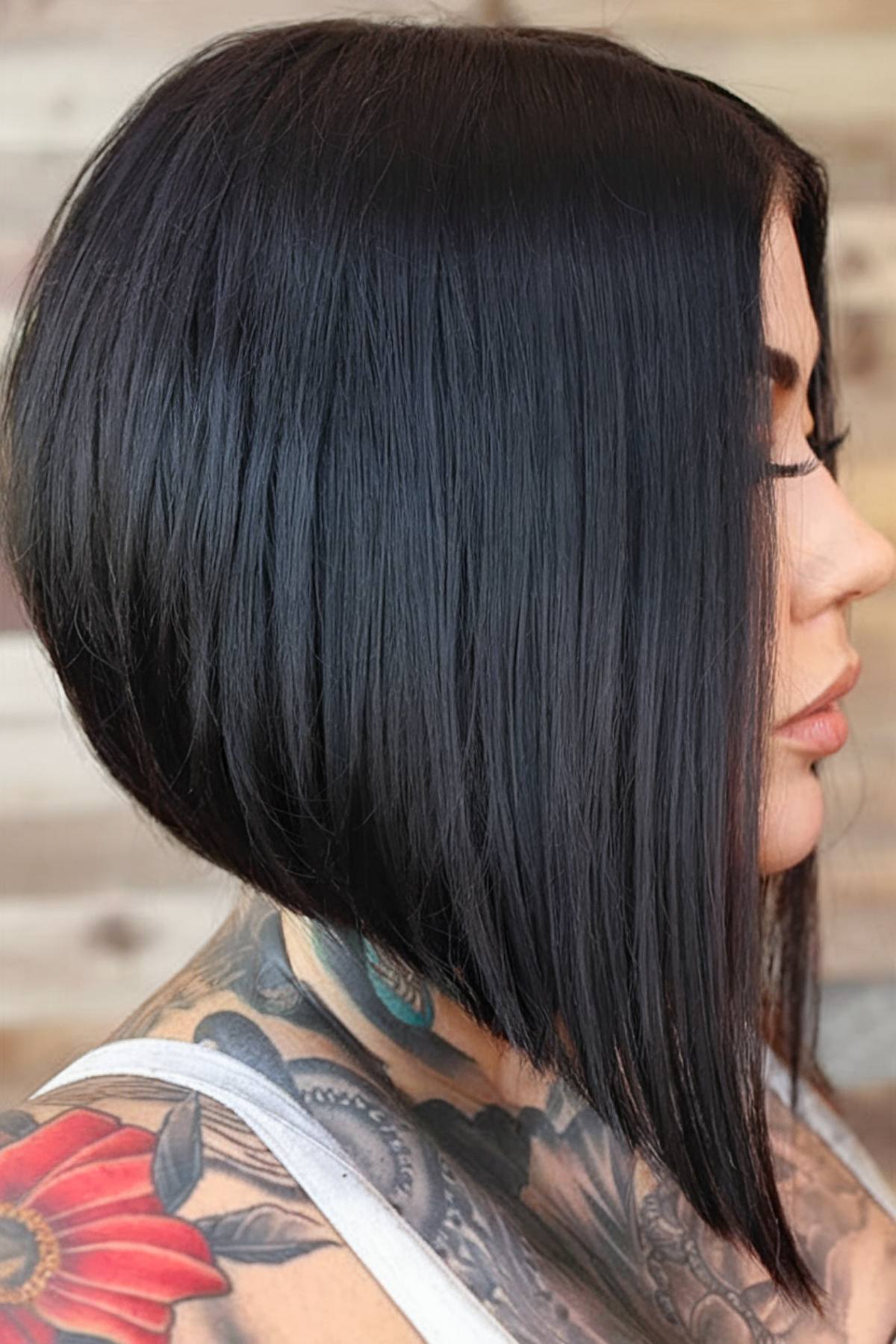 Angled bob on dark hair with sharp A-line cut