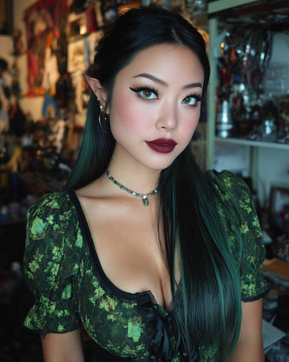 Sleek half-up hairstyle with forest green streaks, mystical Halloween hair idea