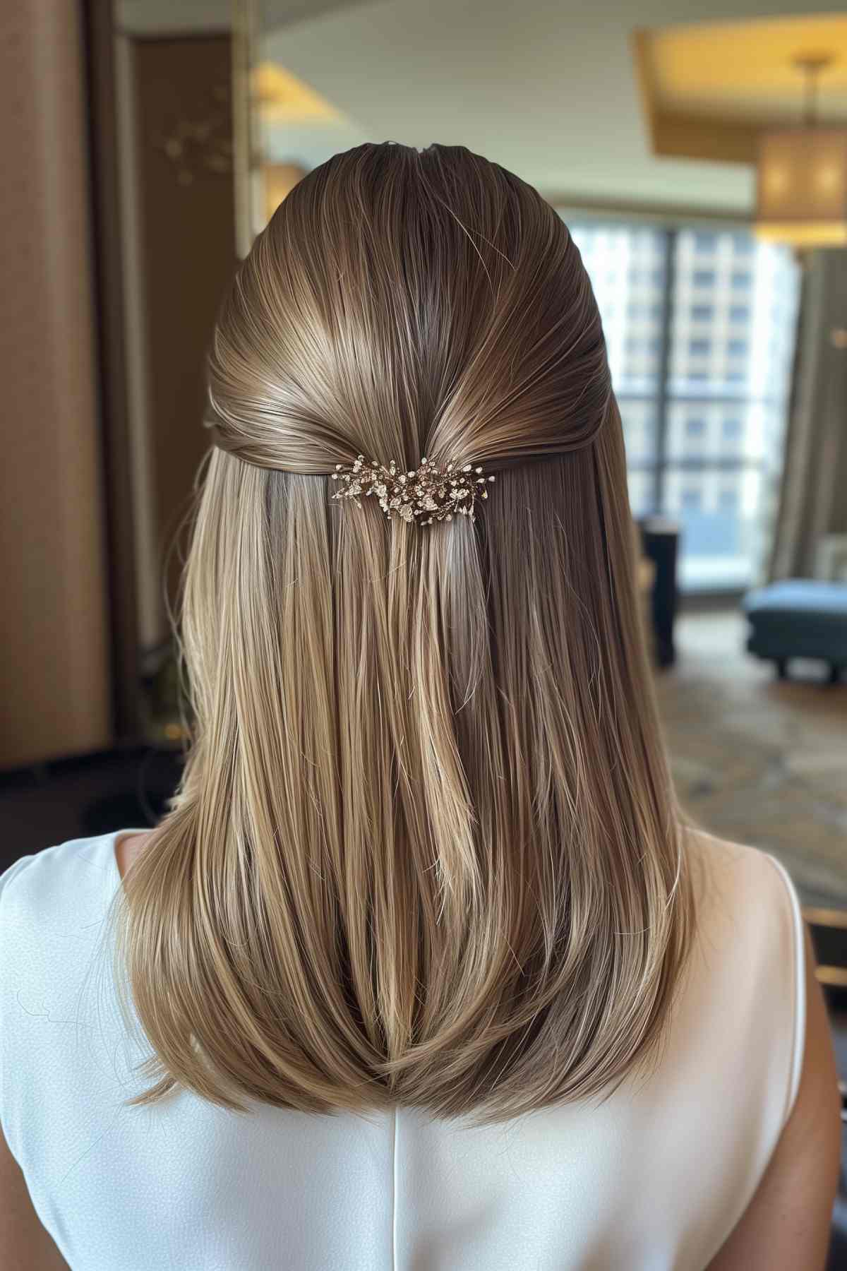 Sleek half-up hairstyle with straight medium-length hair and a pearl hairpin