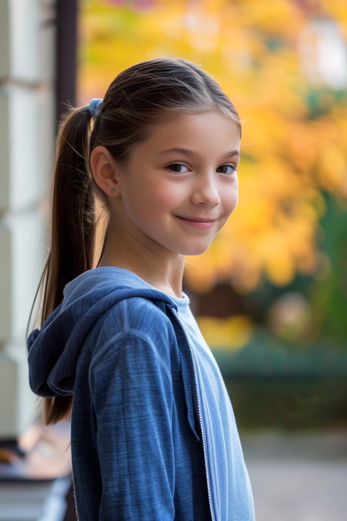 Young girl with a sleek high ponytail, wearing a blue hoodie