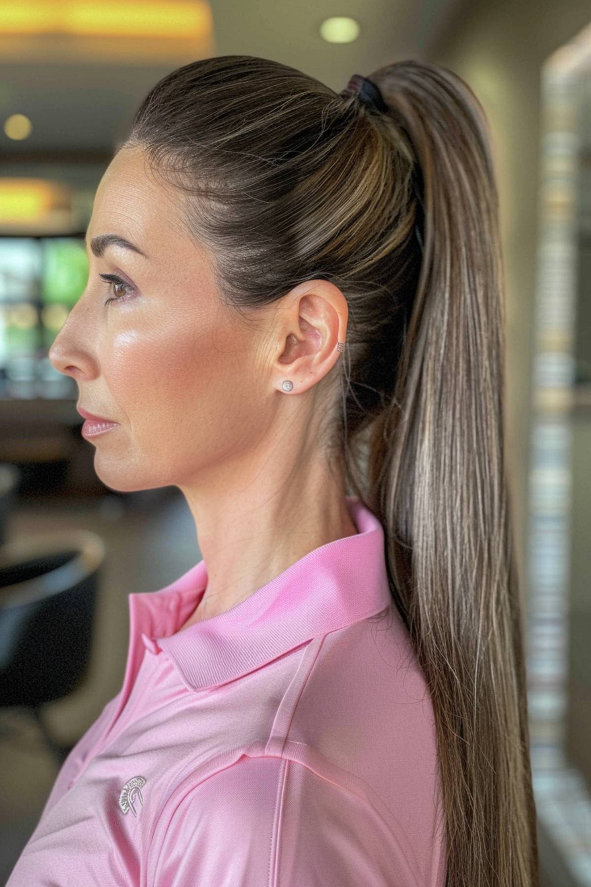 Sleek high ponytail hairstyle, ideal for gym workouts