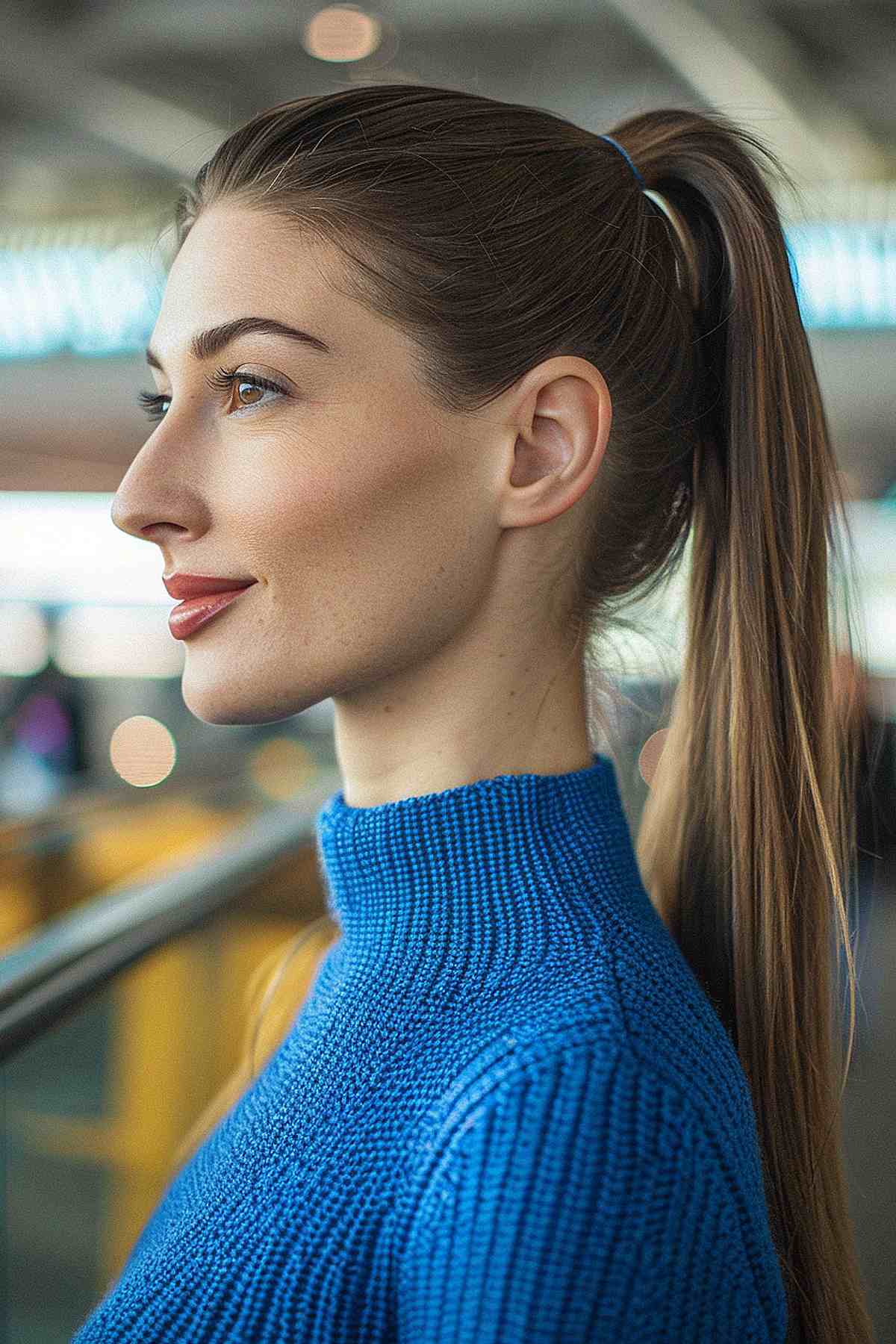 Side view of woman with sleek high ponytail at the airport