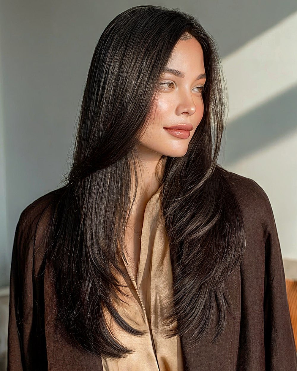 Long sleek hairstyle with a soft blowout and invisible internal layering
