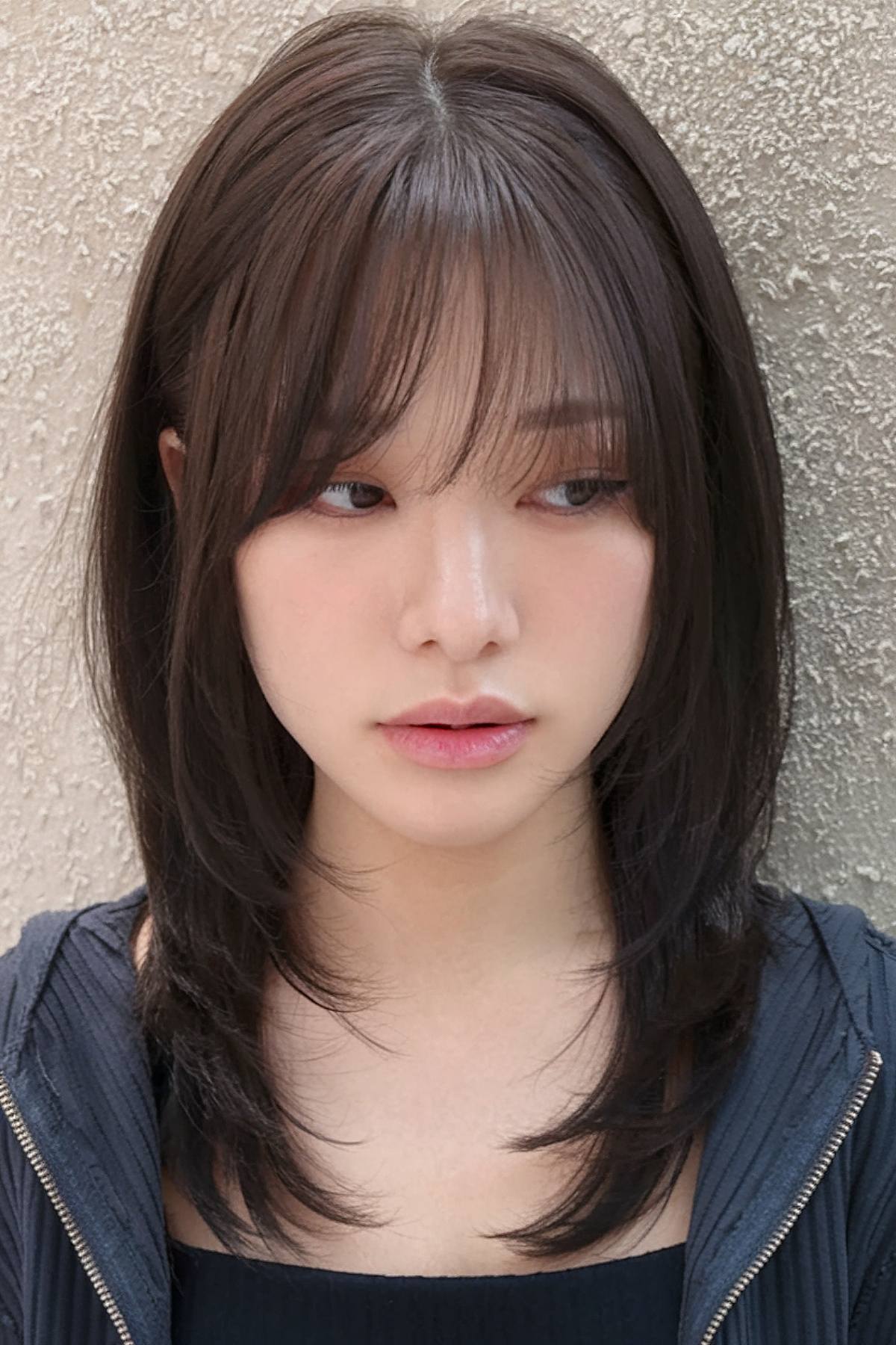 Medium layered hair for Japanese women with curved layers