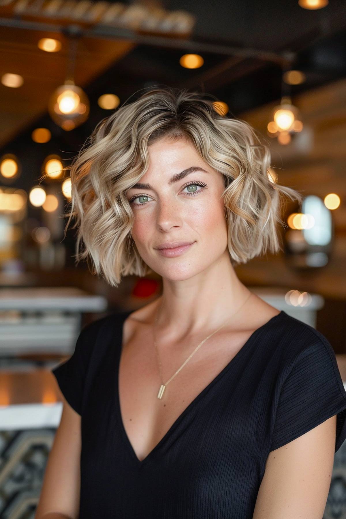 Jaw-length short wavy bob with defined waves