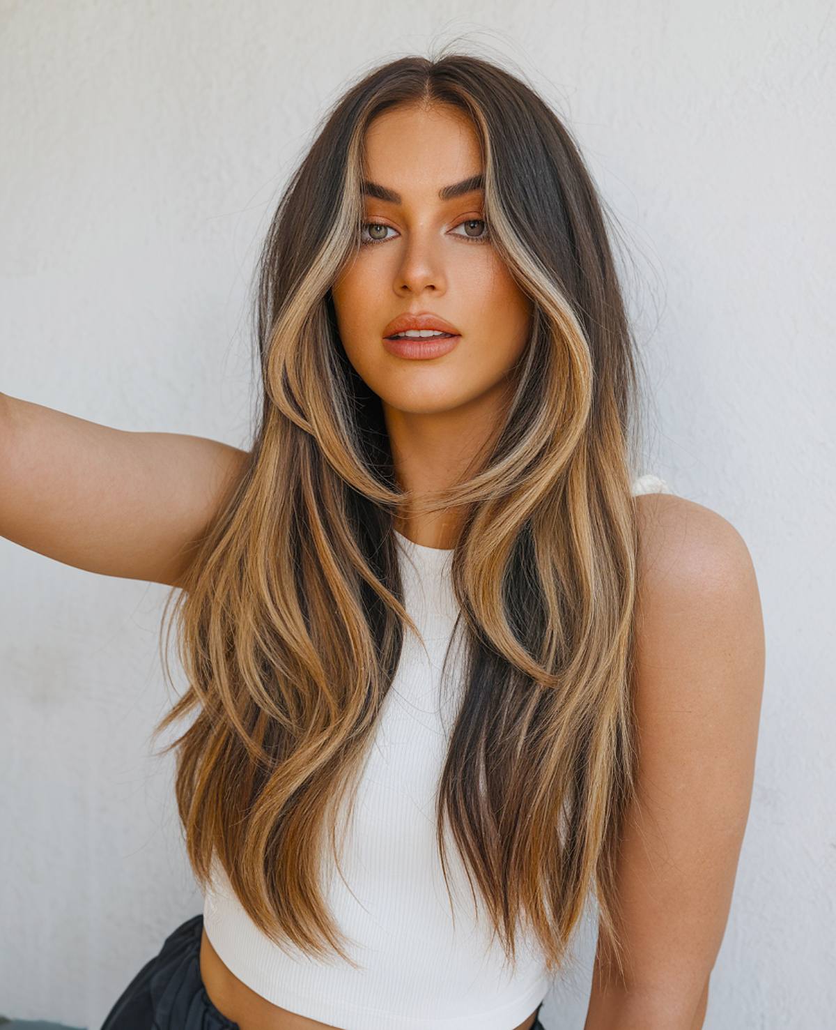 Kim Kardashian-inspired caramel balayage on brunette hair