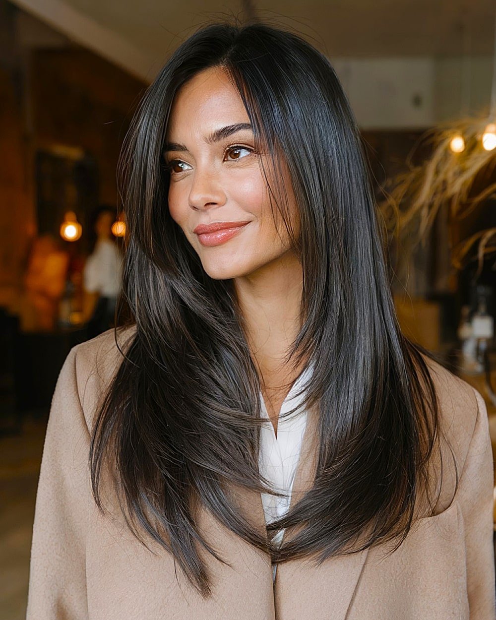 Sleek long hairstyle with polished layers and soft face-framing around a center part