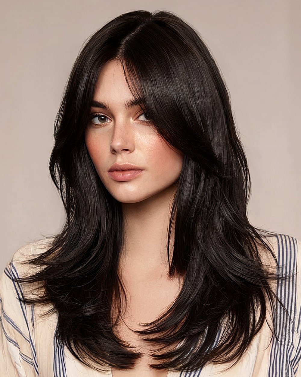 Long layered glidelay haircut with seamless internal layering and soft feathered flow