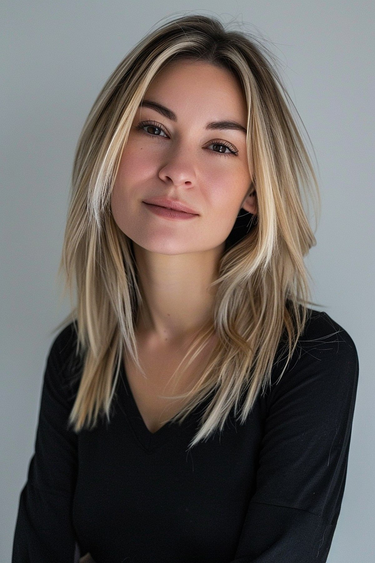 Shoulder-length layered haircut with blonde highlights and no bangs