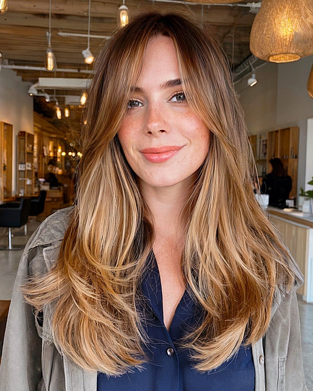 Long straight layered hairstyle with soft curtain bangs and warm blonde balayage