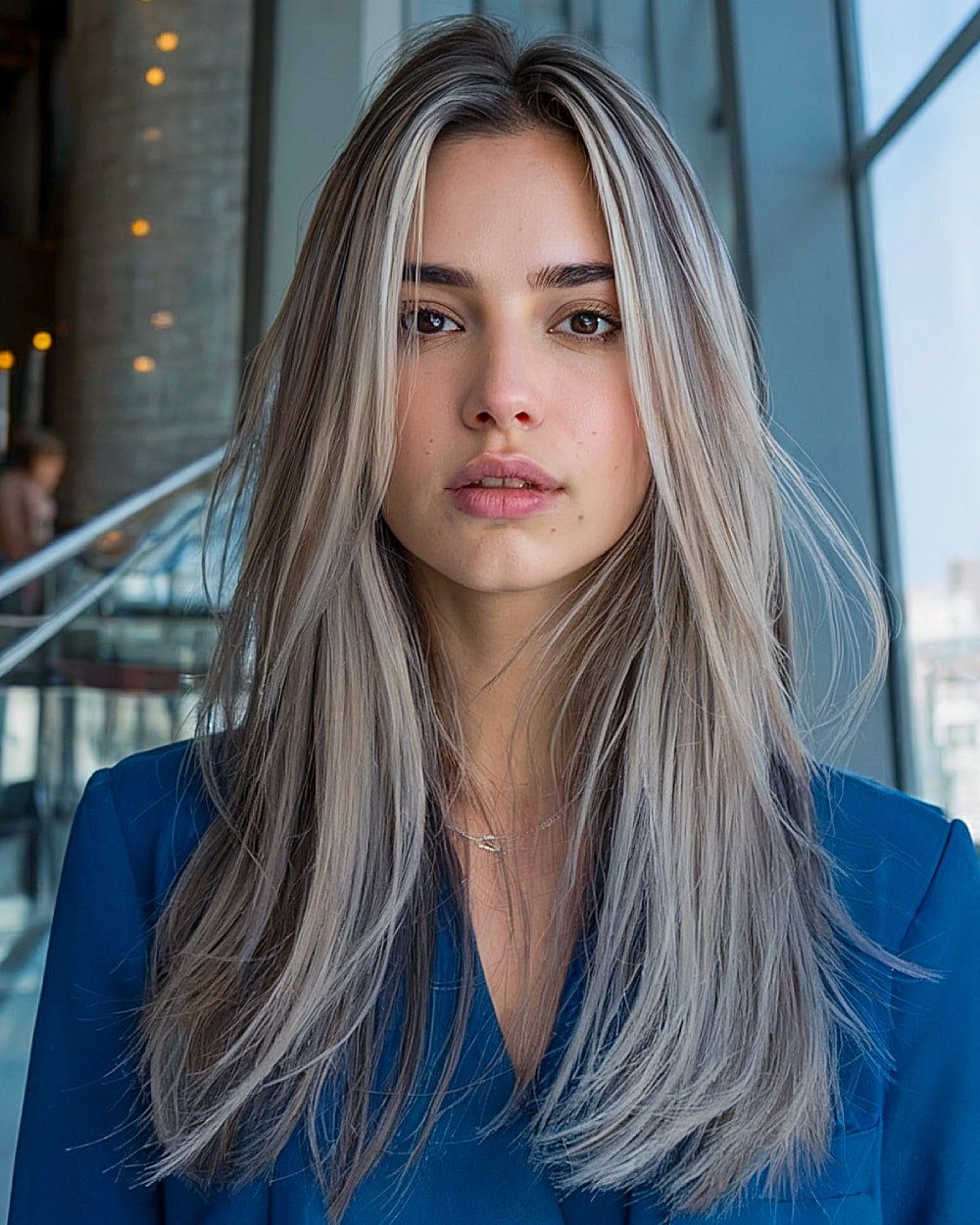 Shearlume long haircut with dimensional sleek layers and soft icy blonde finish