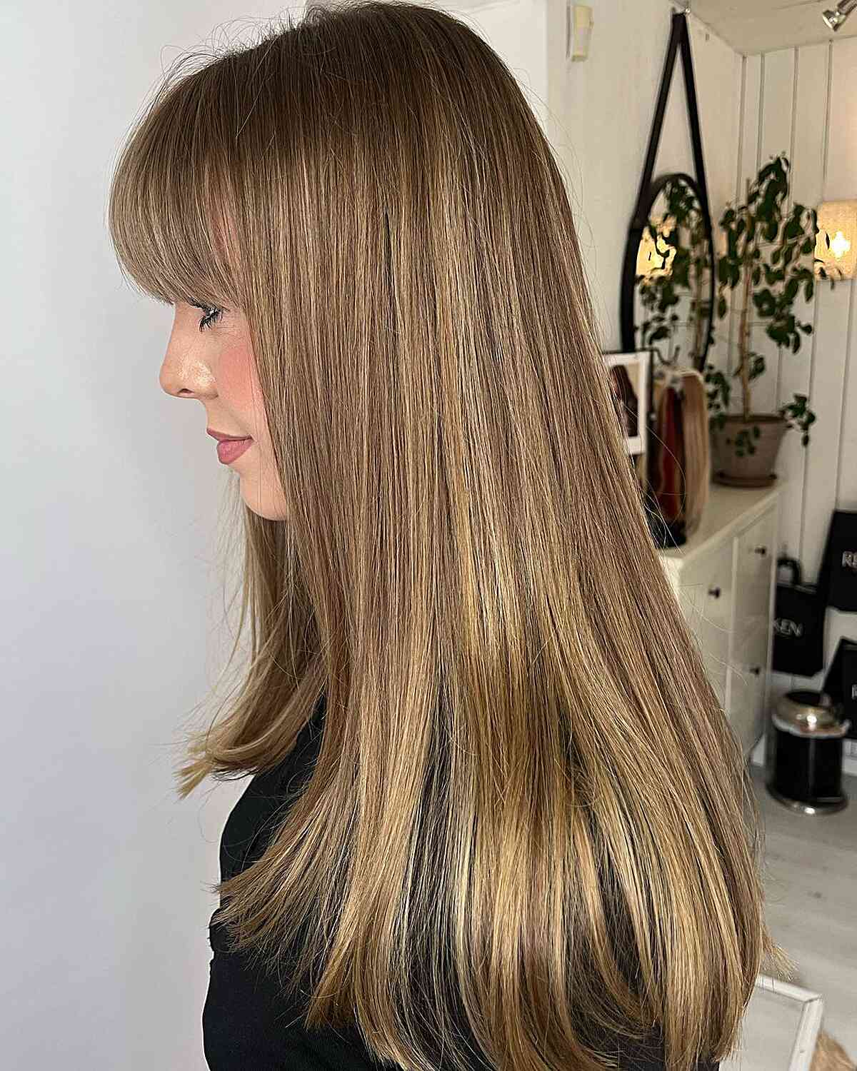 Sleek Light Golden Brown Long Hair with Fringe