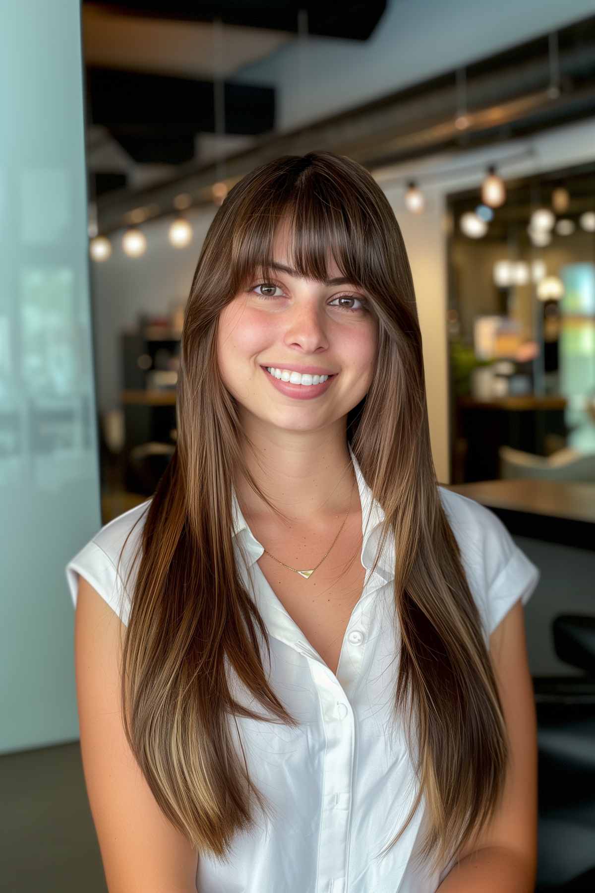 Woman with sleek long hair and blunt bangs for a polished look