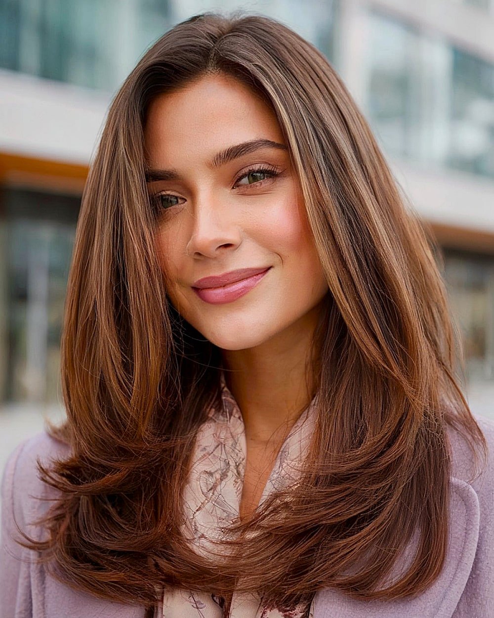 Sleek layered long haircut with flipped-out tips and voluminous finish