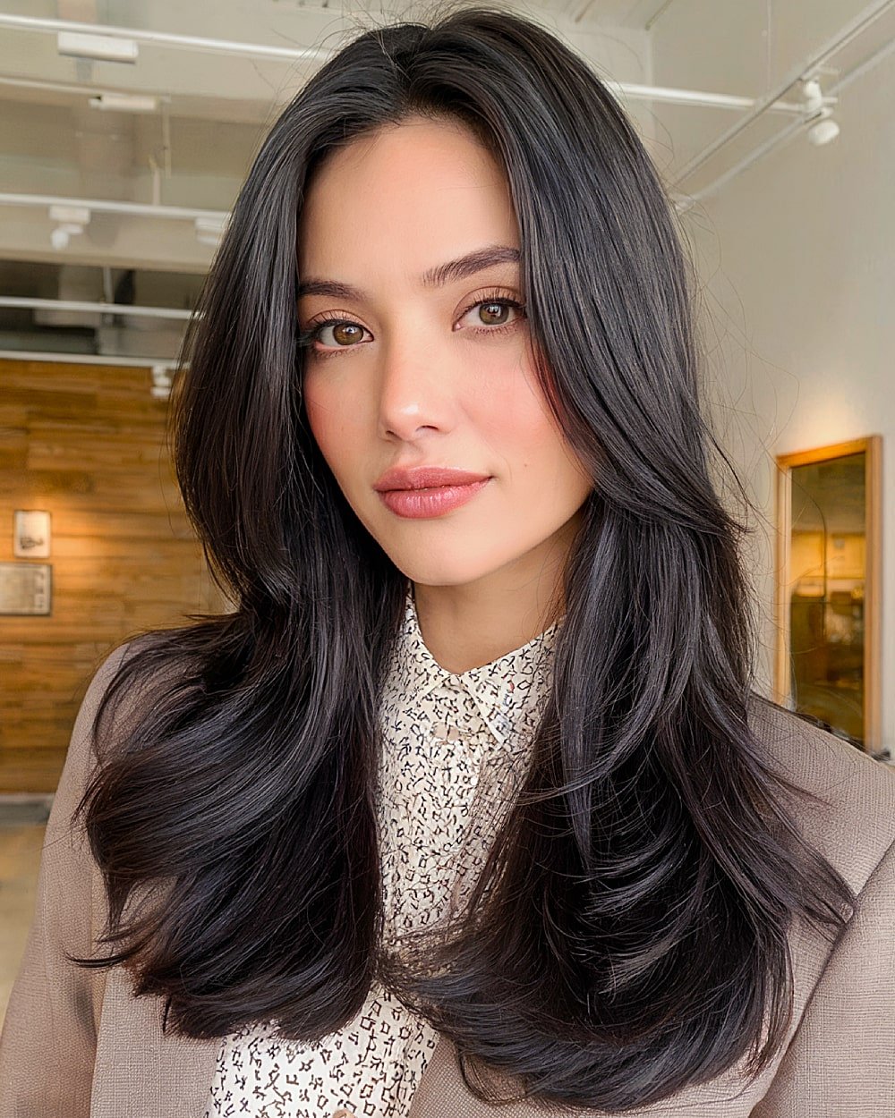 Sleek long haircut with light layering and minimal face-framing for thick hair