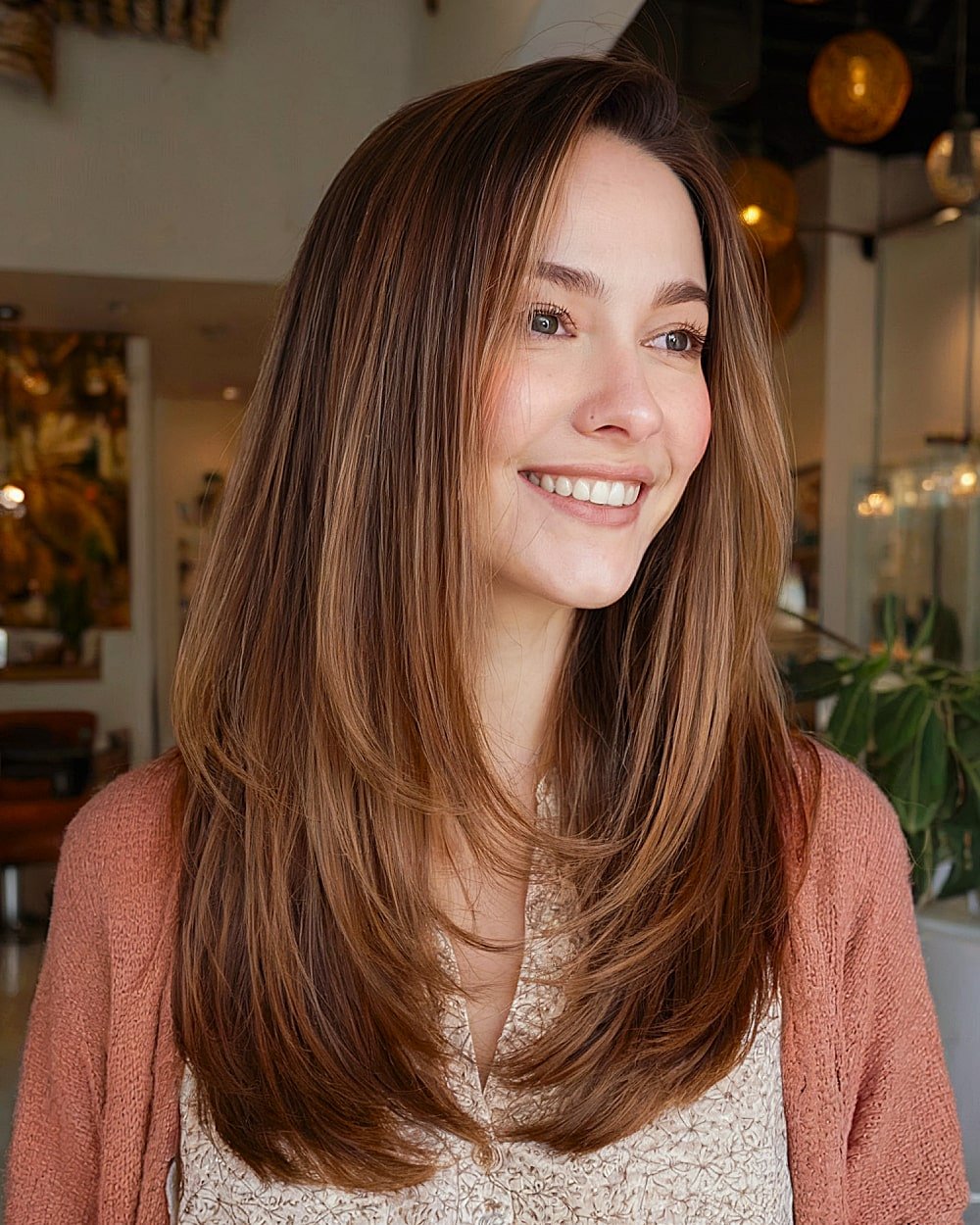 Smooth long layers with tapered ends and a natural flow for thick hair