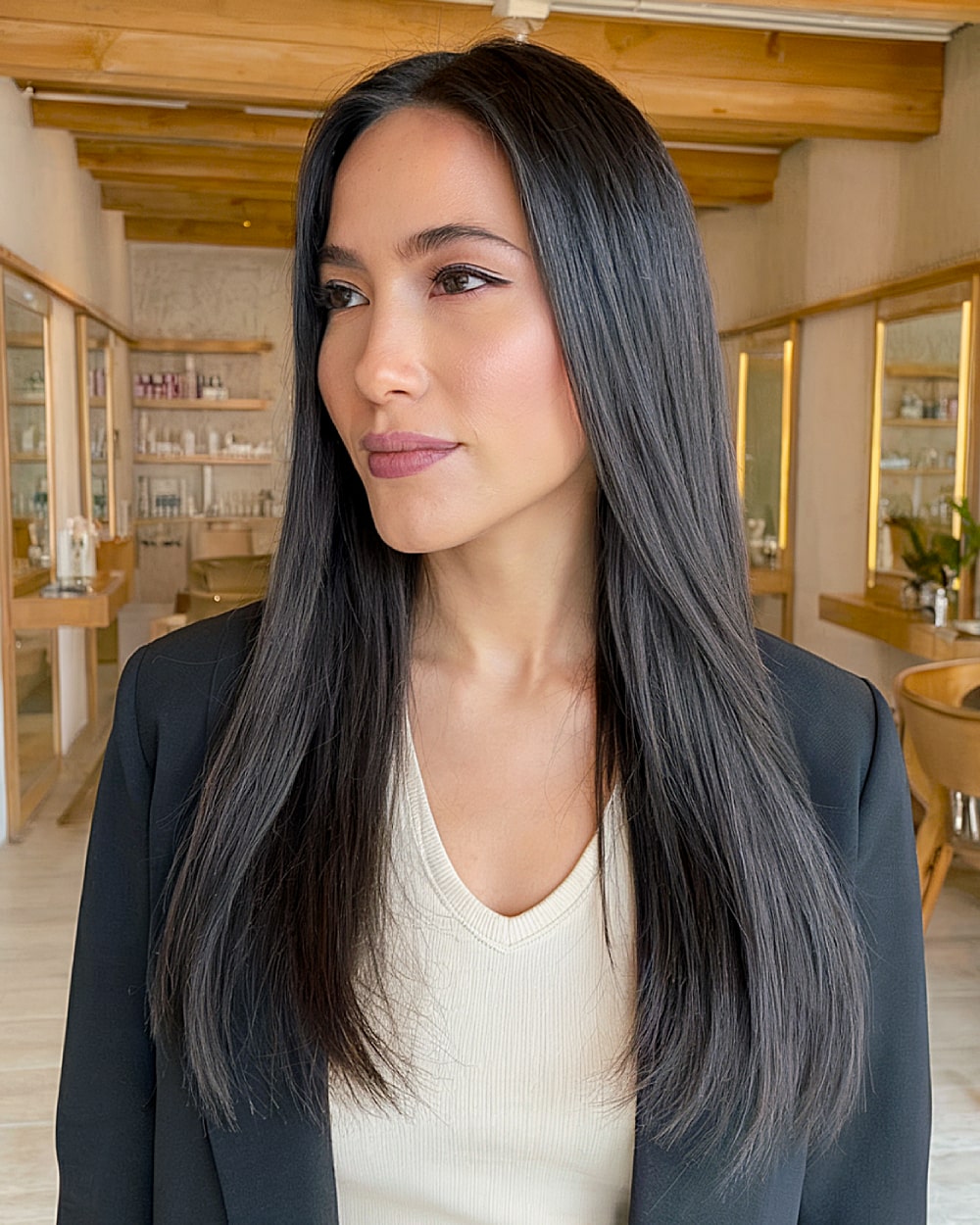 Long sleek hairstyle with subtle textured ends and minimal layers