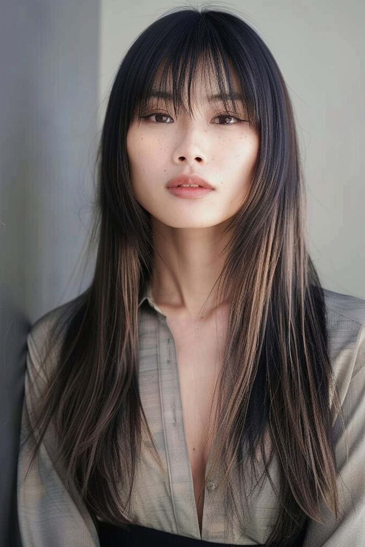 Asian woman with long sleek hair and soft wispy bangs