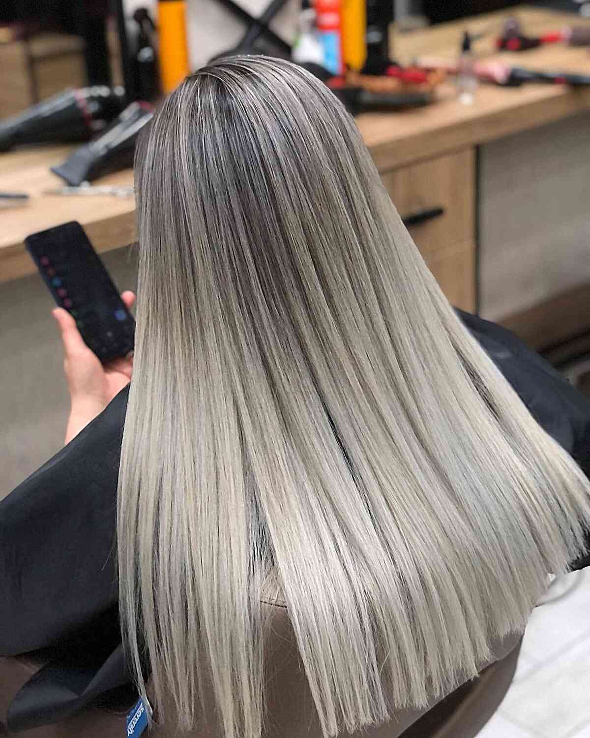 Sleek Long Platinum Blonde Balayage Hair with Blunt Ends