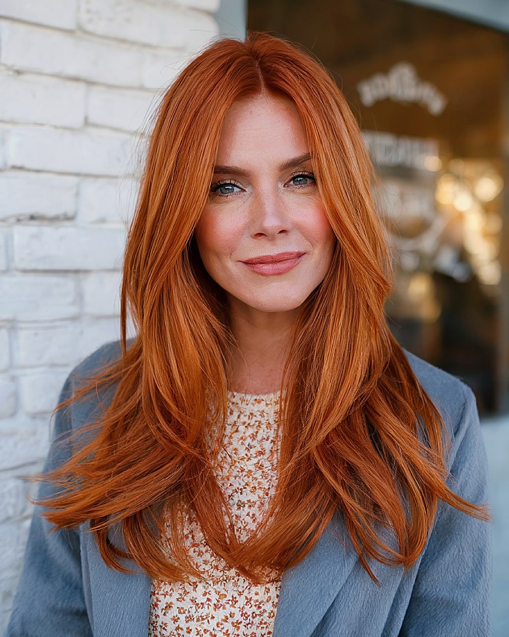 Center-parted long red hair with sleek razor-cut layers and soft volume