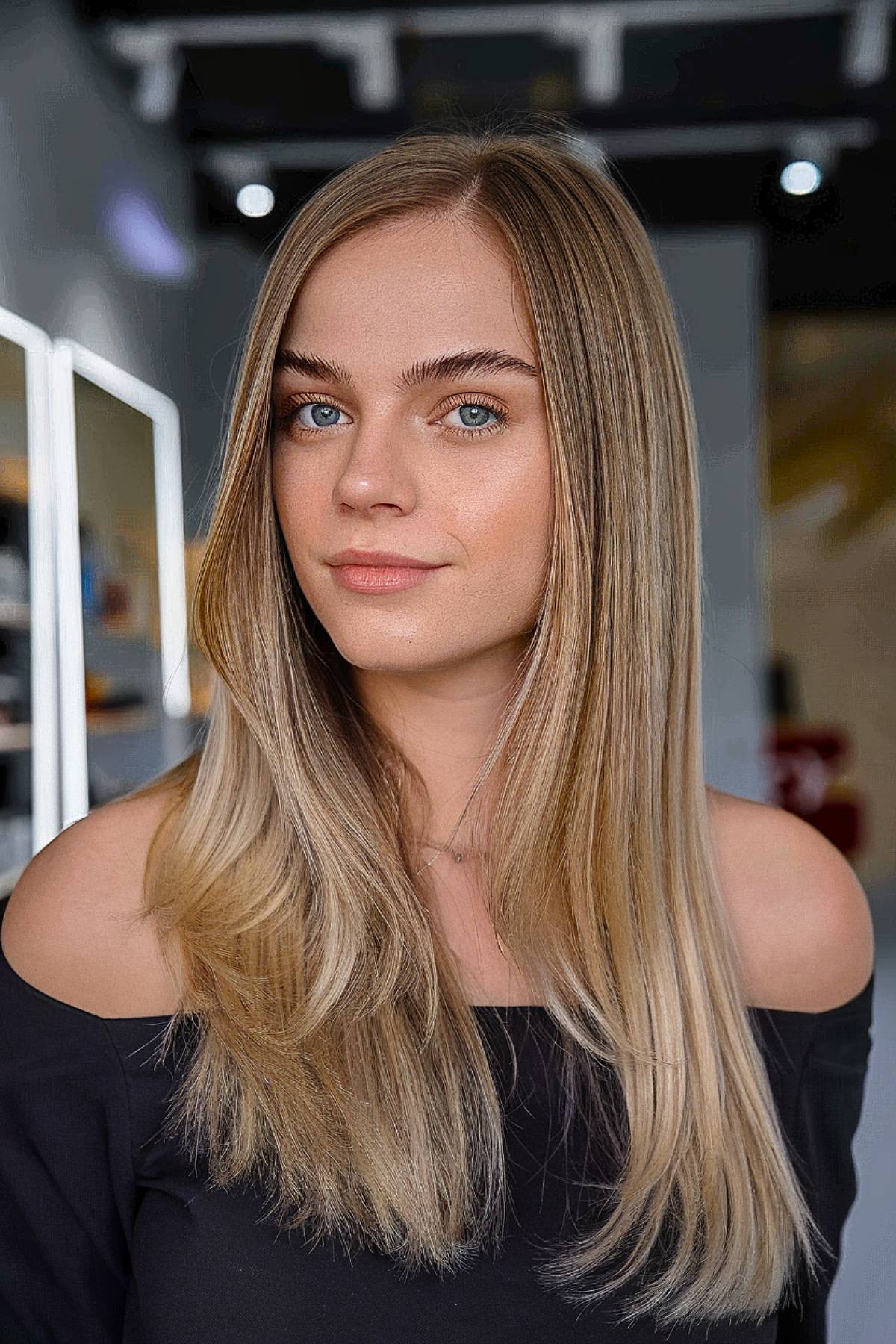 Long straight hairstyle with side part featuring sleek, smooth strands