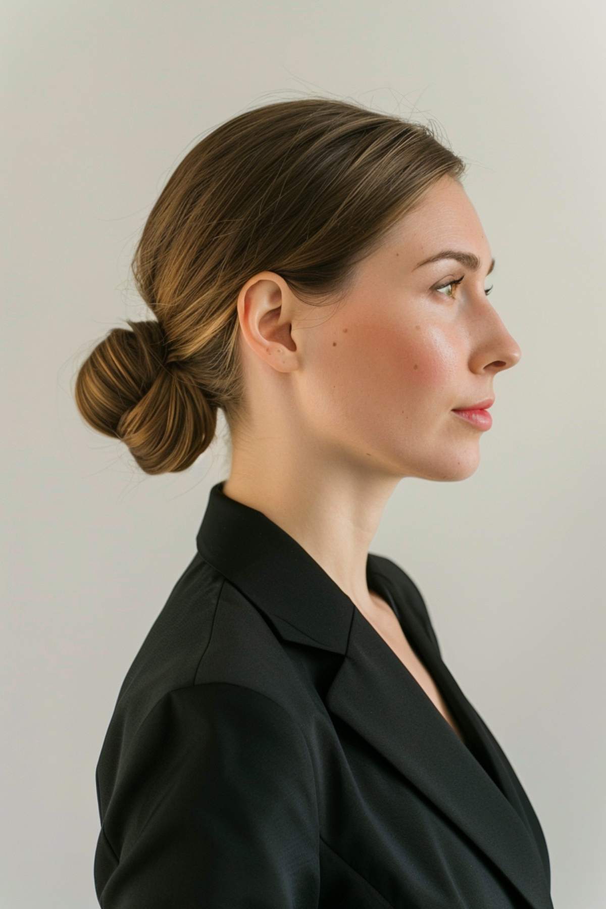 Sleek low bun hairstyle for hot workdays