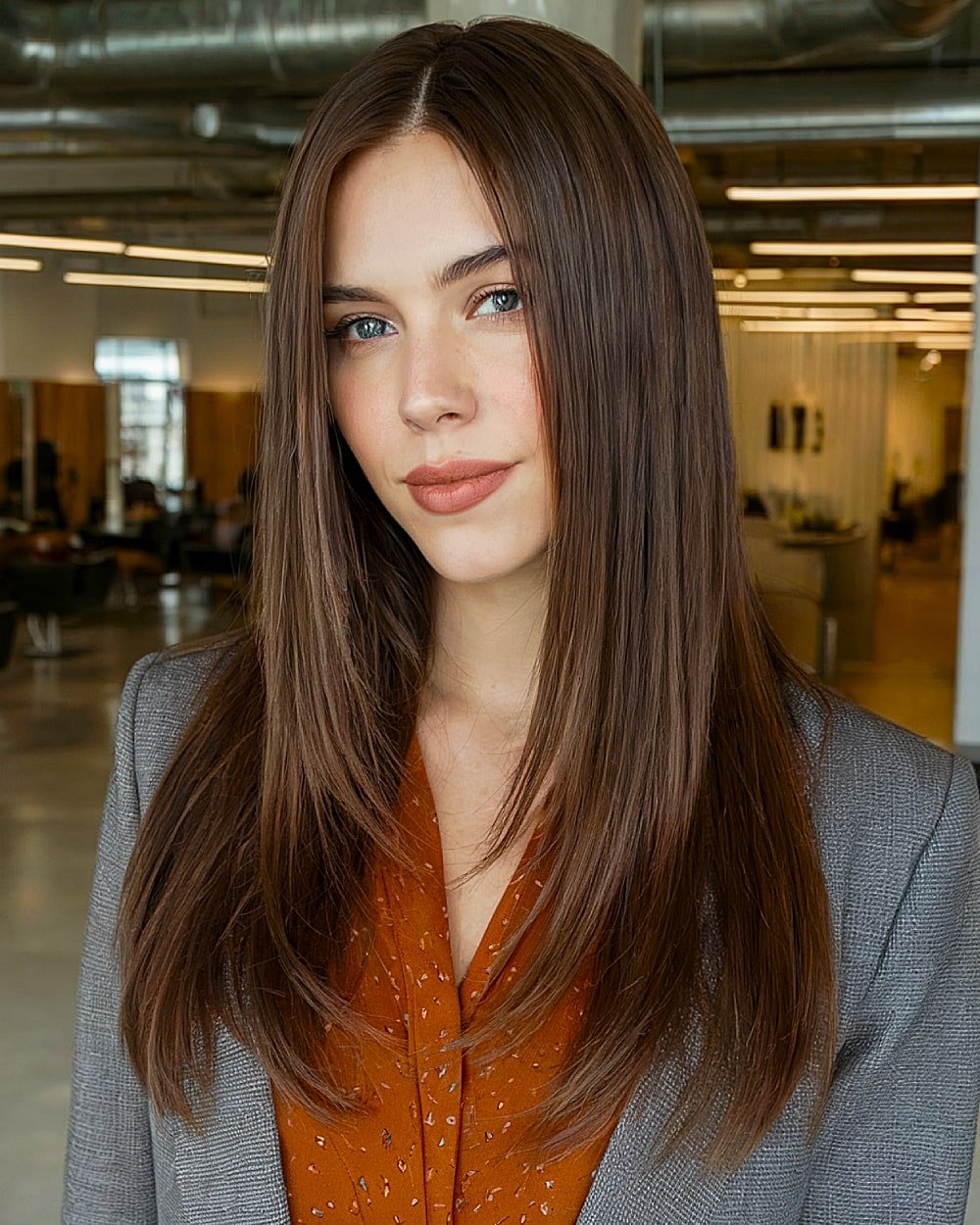 Sleek long layered haircut with natural flow and low-maintenance styling