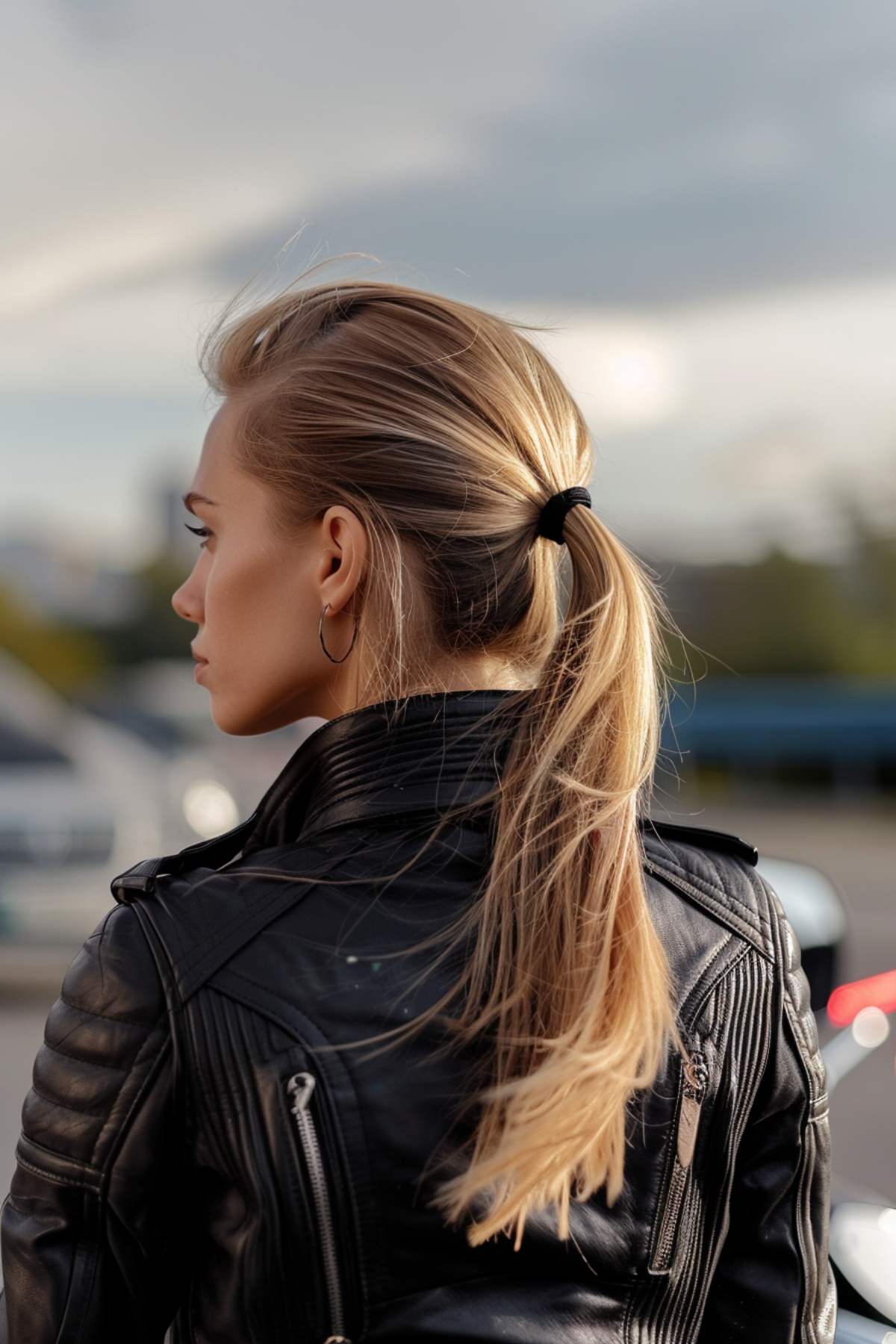 Woman with sleek low ponytail in a biker jacket