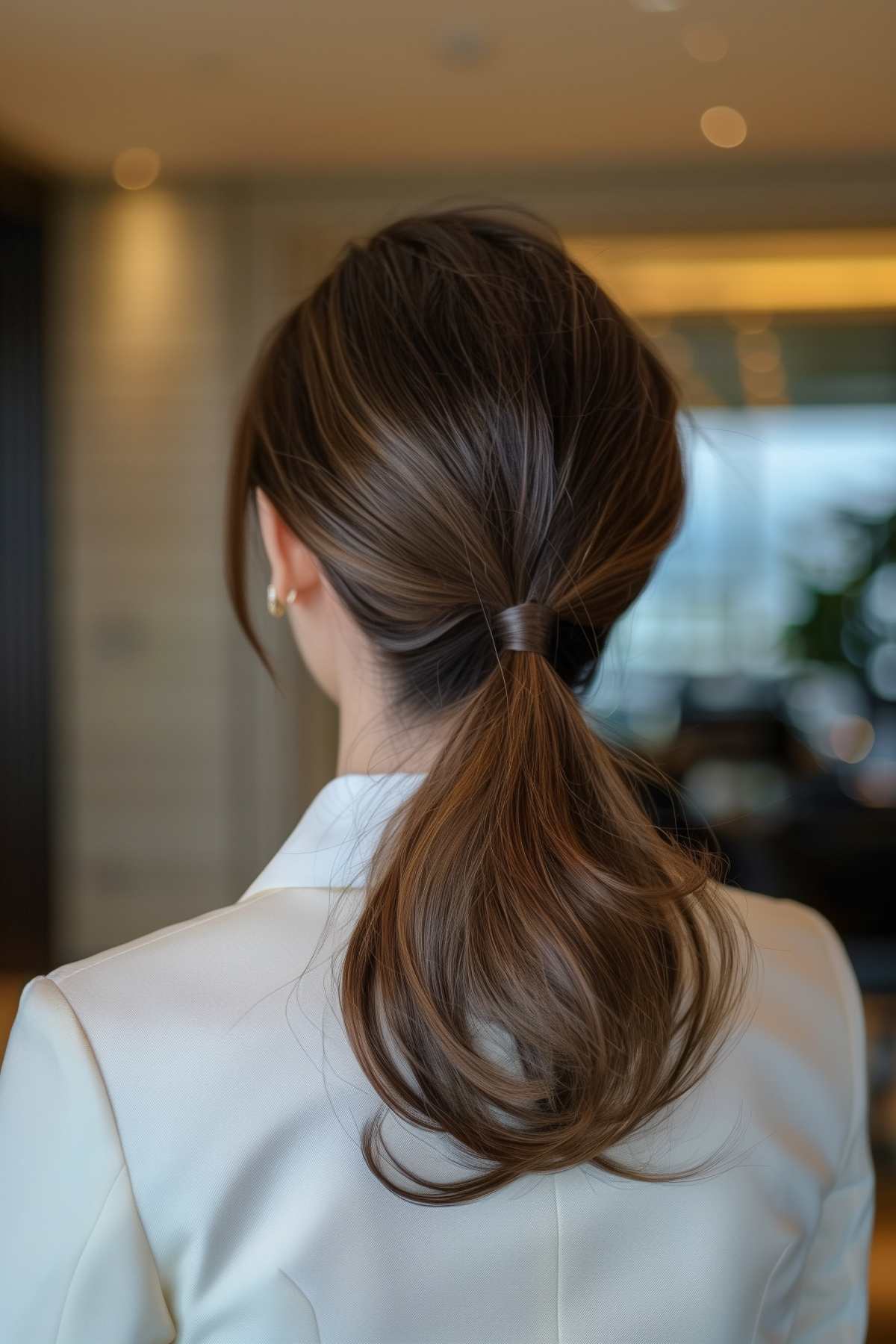 Sleek low ponytail with a wrapped hair tie for a polished look