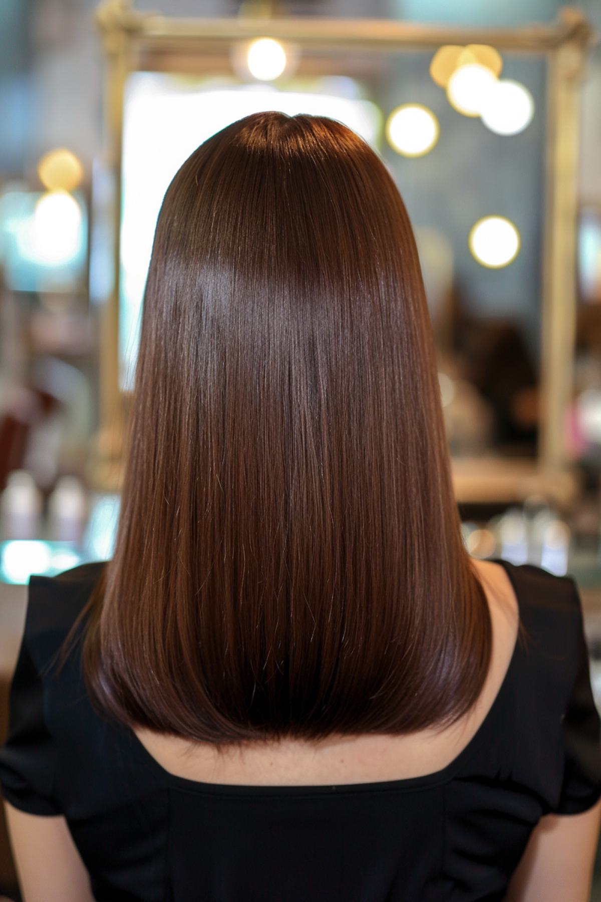 Woman with sleek medium-brown blunt haircut
