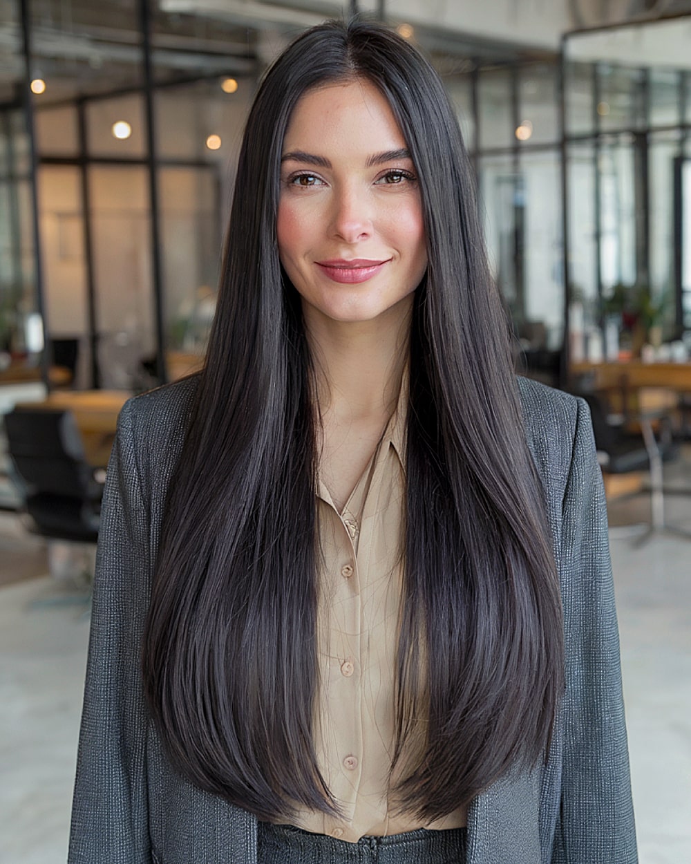 Glossy straight long layers with minimal volume and subtle shaping at the ends