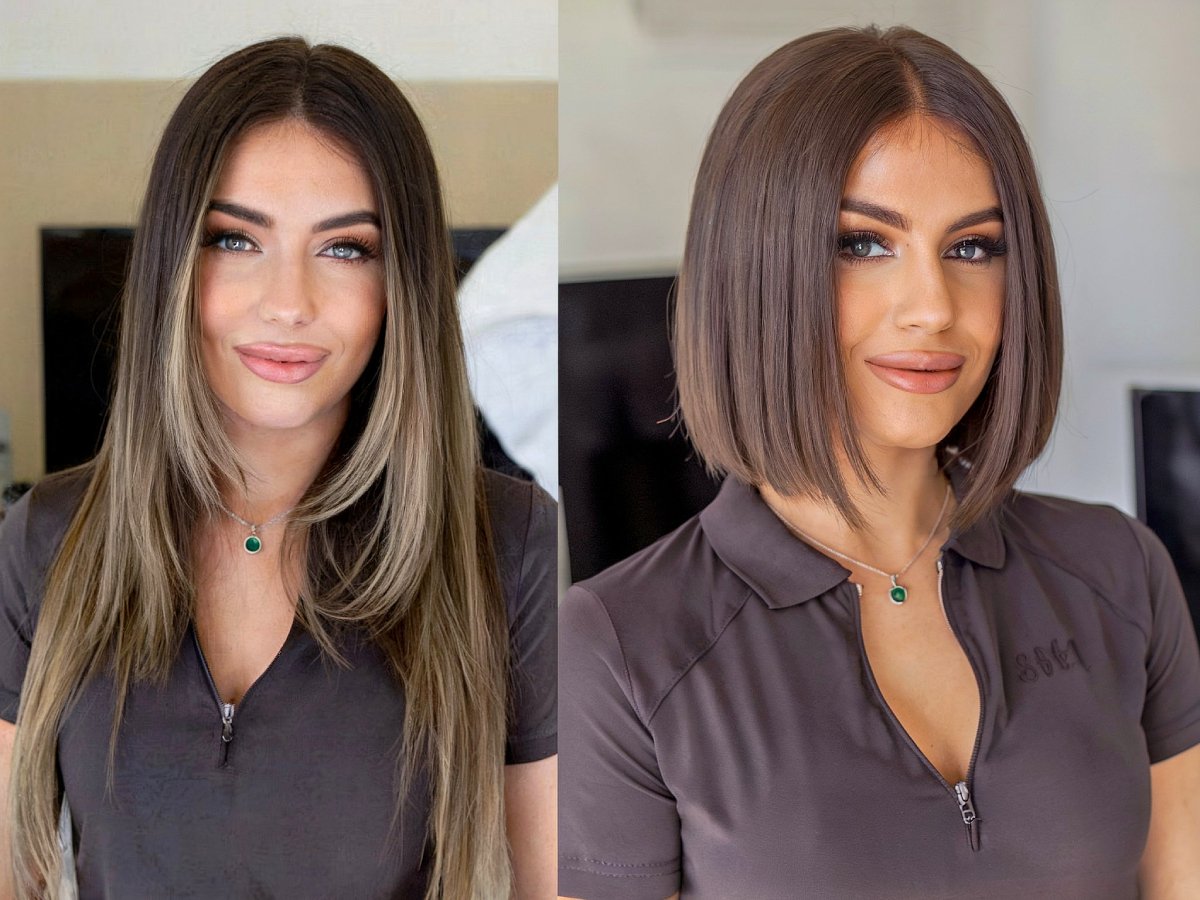 Before and after of long brunette hair transformed into a sleek neck-length blunt bob with a center part