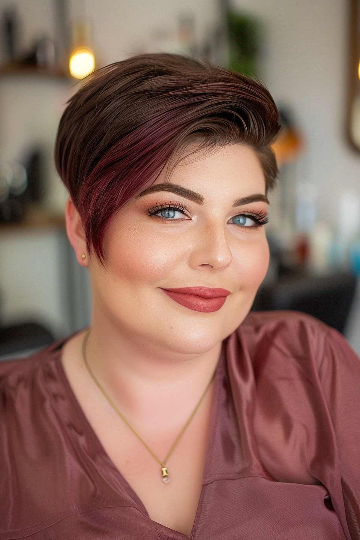 Sleek pixie bob with hidden undercut and vibrant color for plus-size women