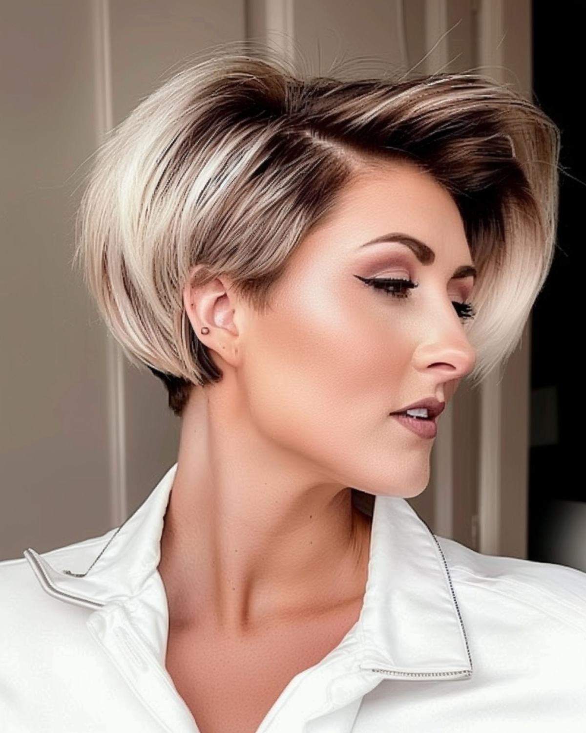 Stylish woman with sleek platinum blonde asymmetric wedge haircut