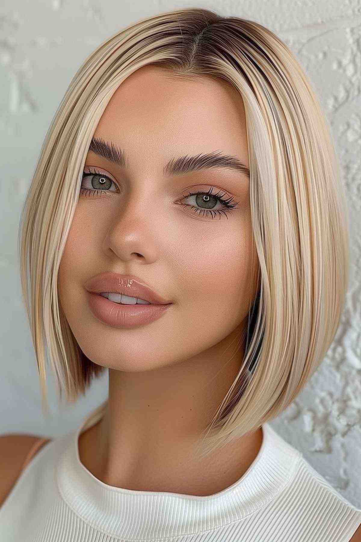 Sleek platinum blonde bob and shadow roots for woman with round face