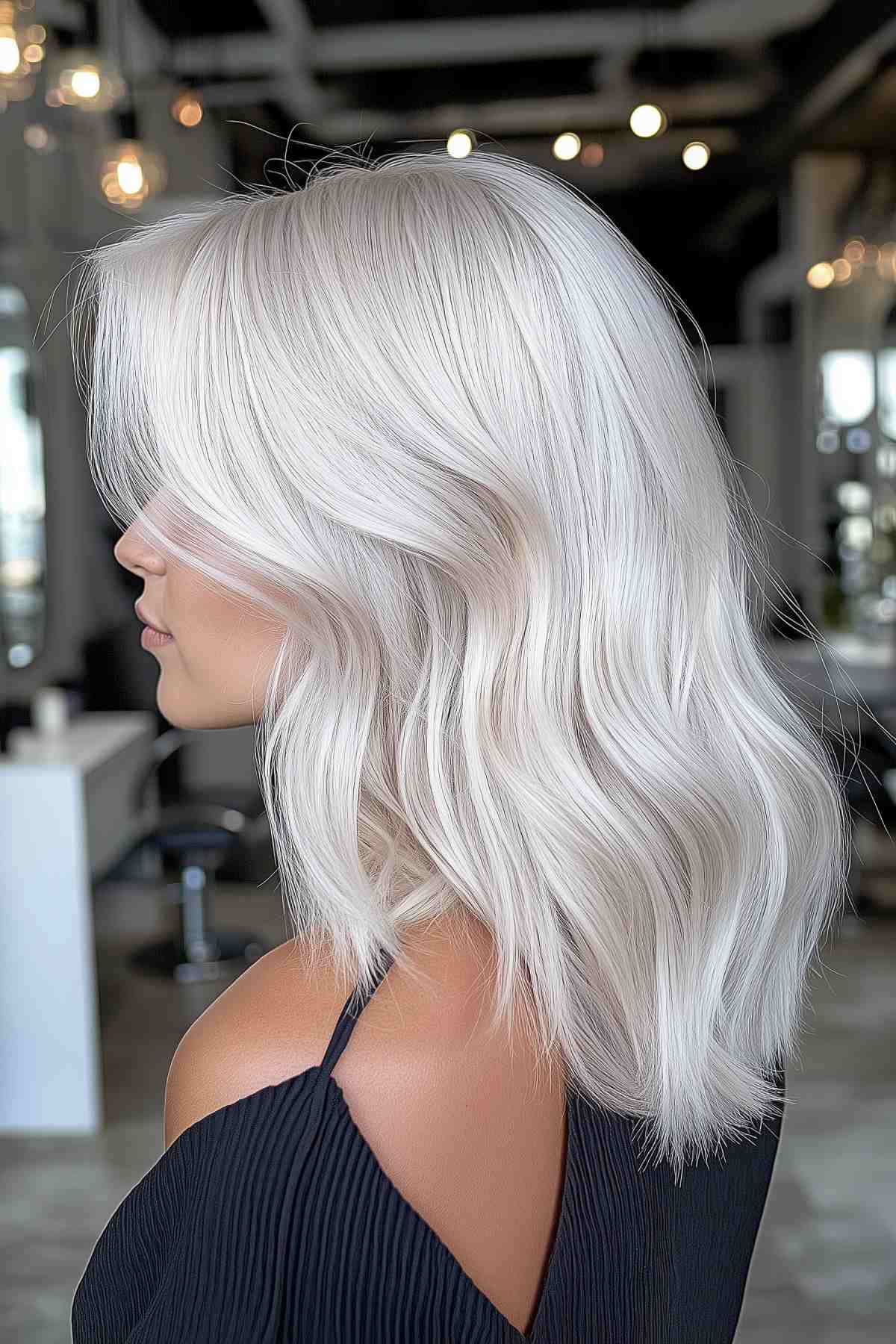 Side view of sleek platinum waves with side-swept layers