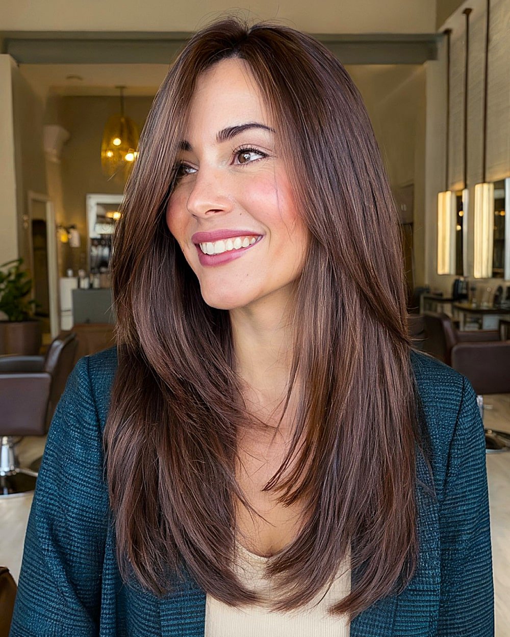 Long sleek haircut with precision layers and a deep side part for volume