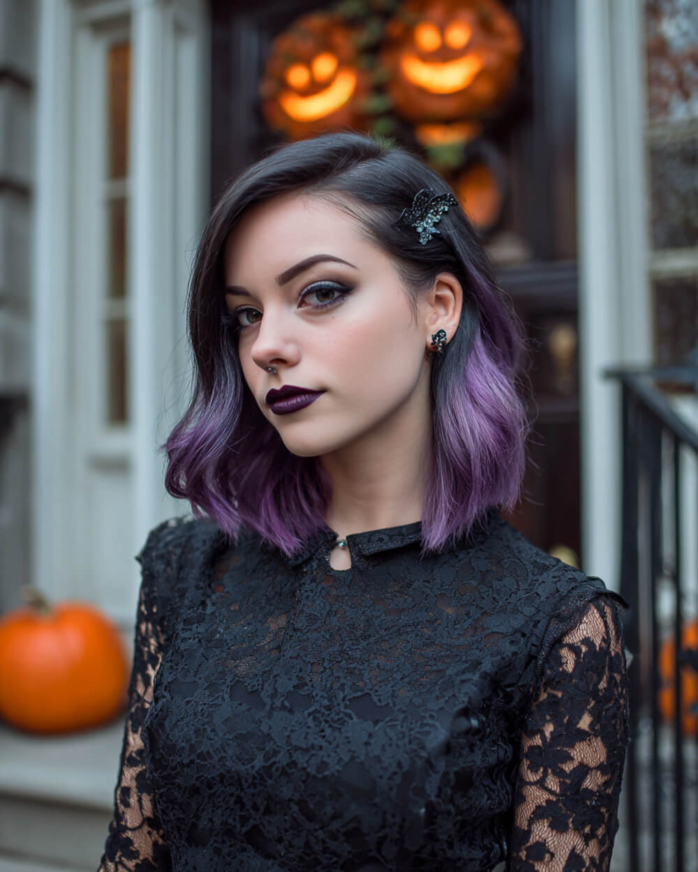 Sleek purple ombre bob with side clip, chic Halloween hairstyle with smooth finish