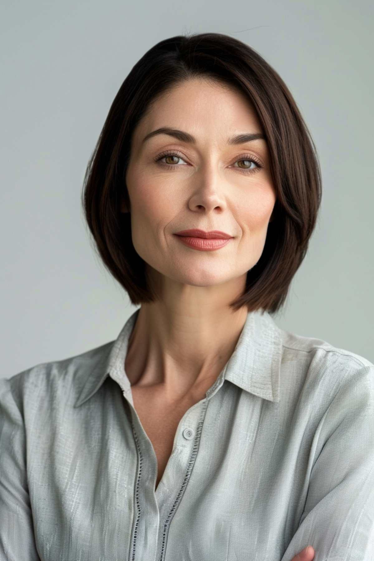 Woman with a sleek short bob haircut for fine hair, neck-length, deep side part