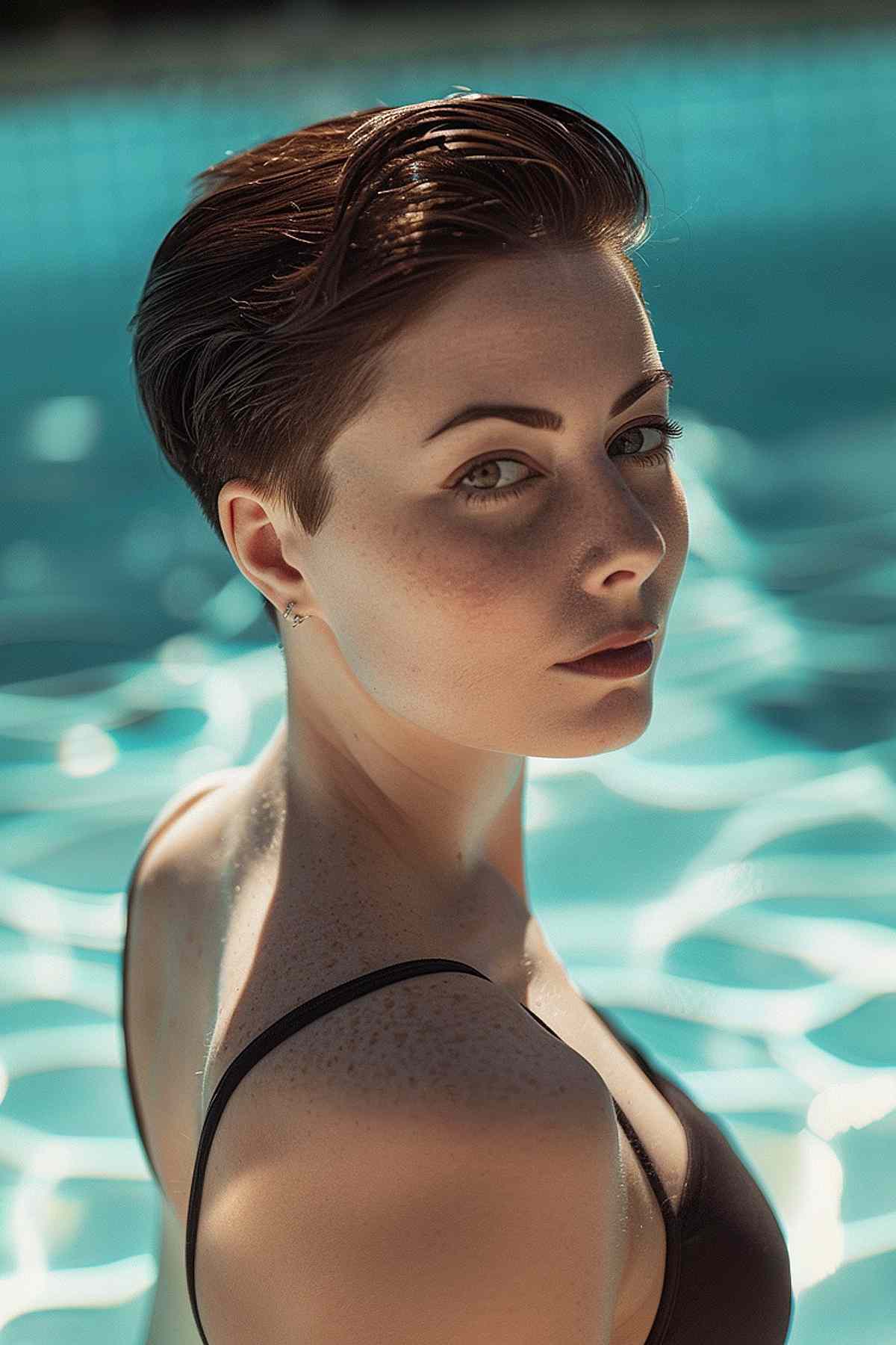 Woman with sleek short hair, wearing a black swimsuit by the pool