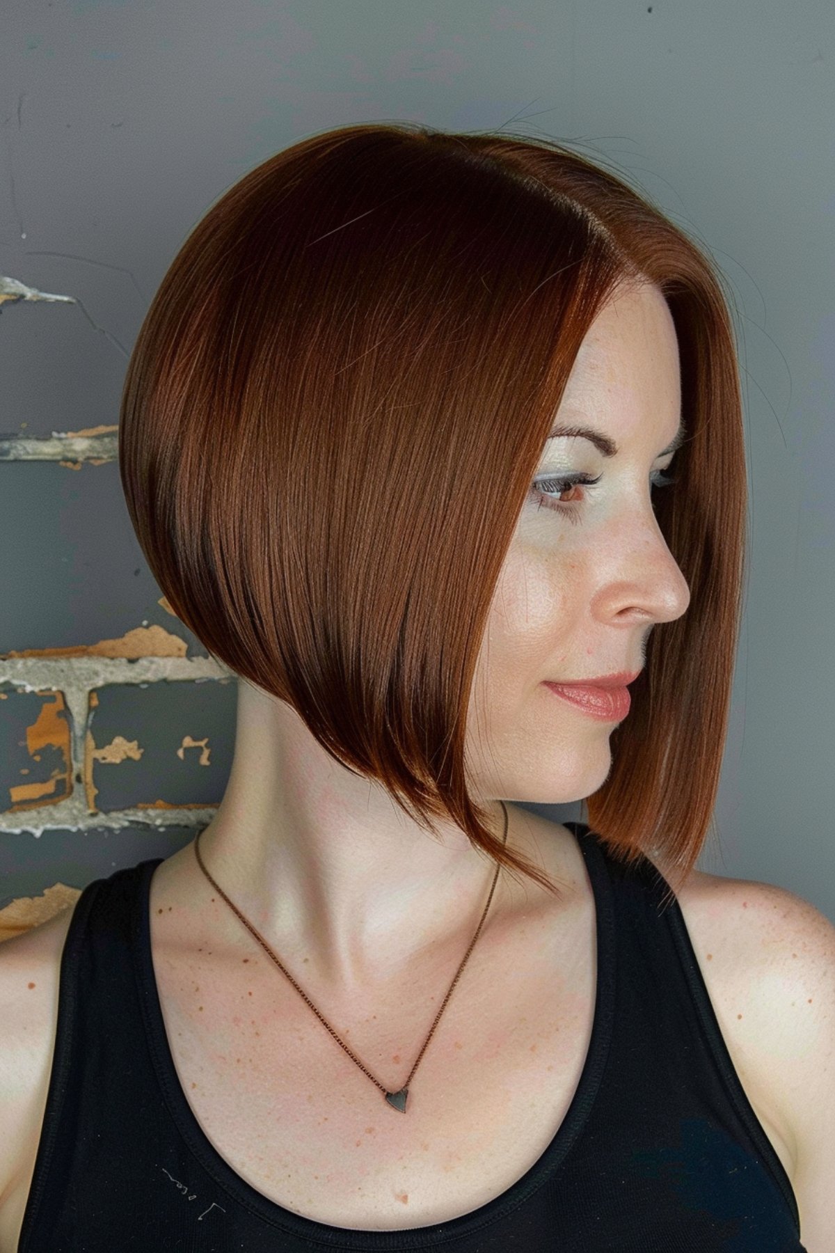 Short graduated bob with a center part for straight hair.