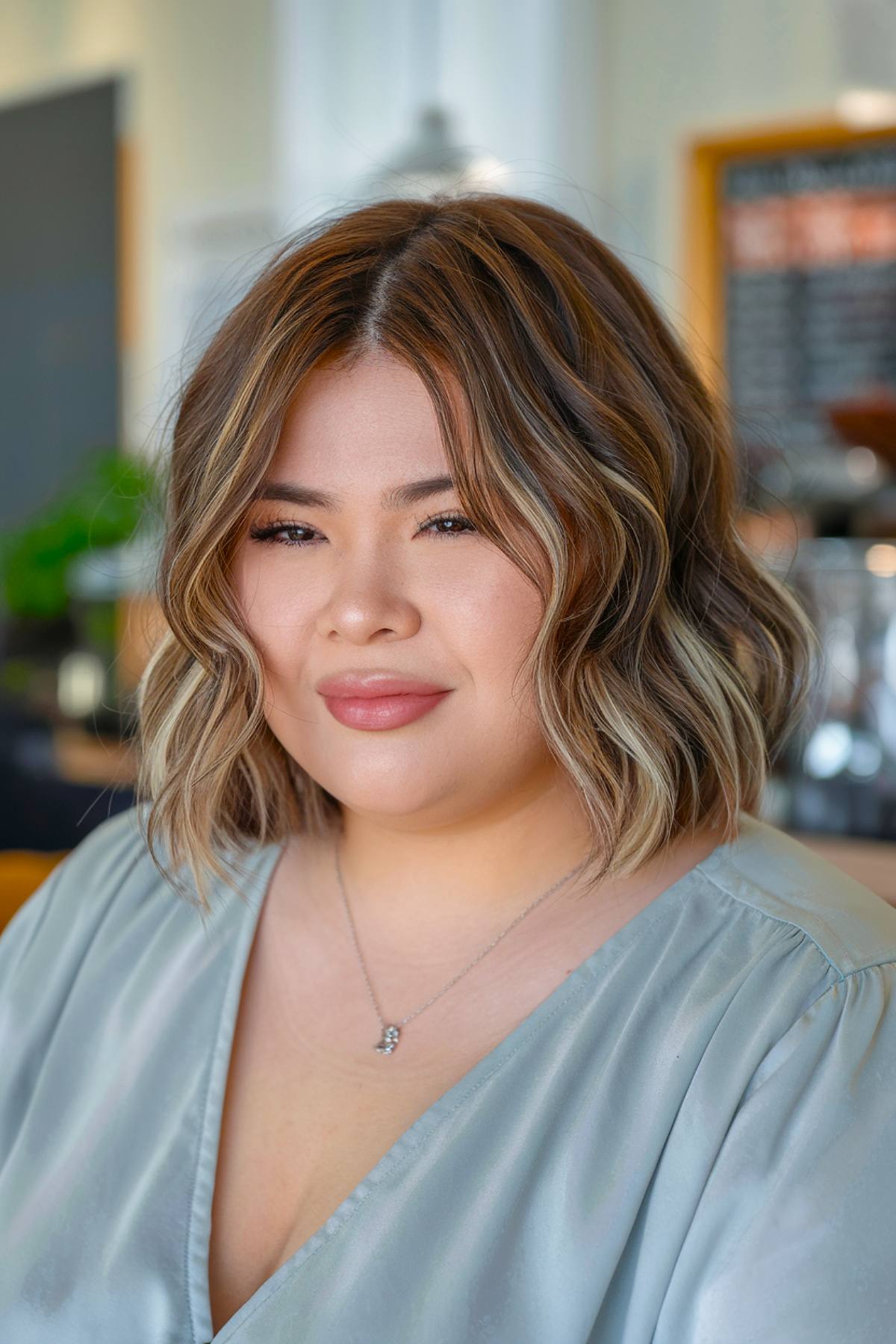 Shoulder-length bob with highlights and soft waves for plus size women