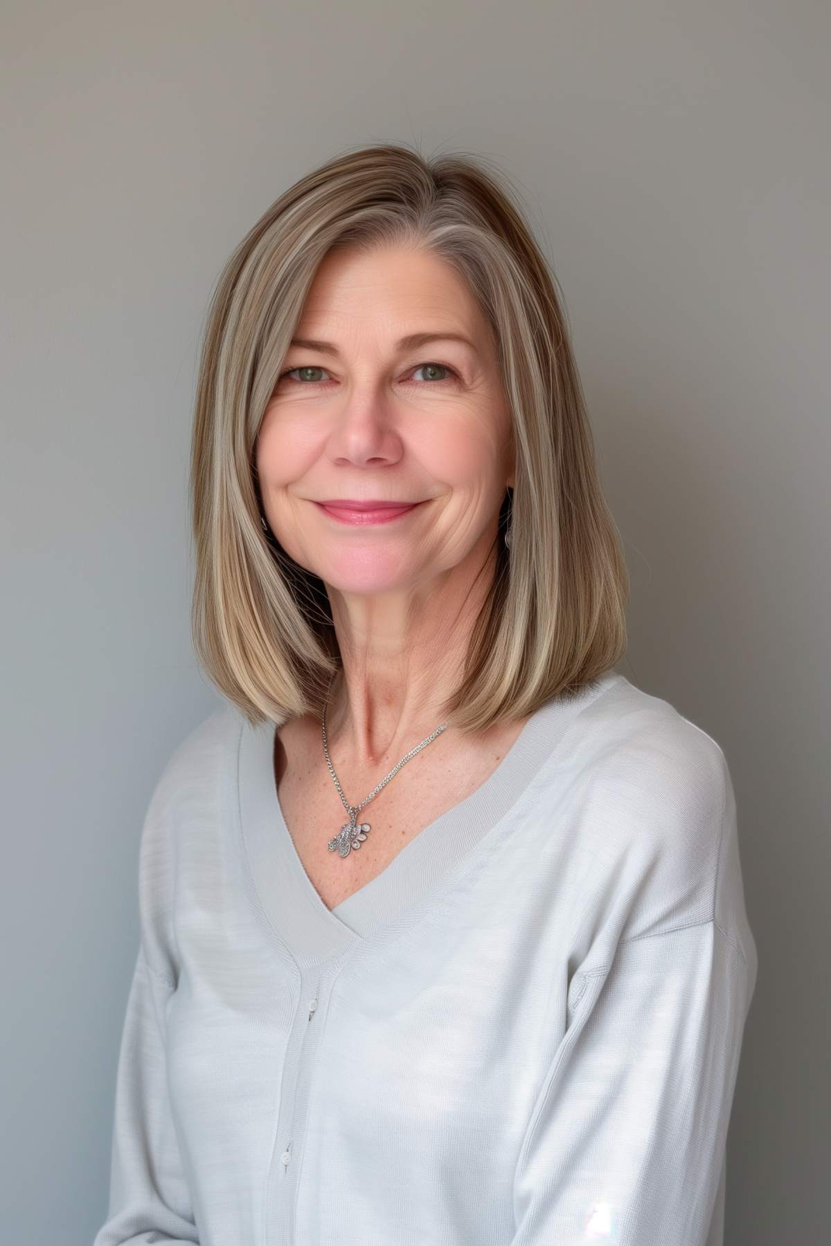 Woman with a sleek shoulder-length bob haircut, side part, fine to medium hair