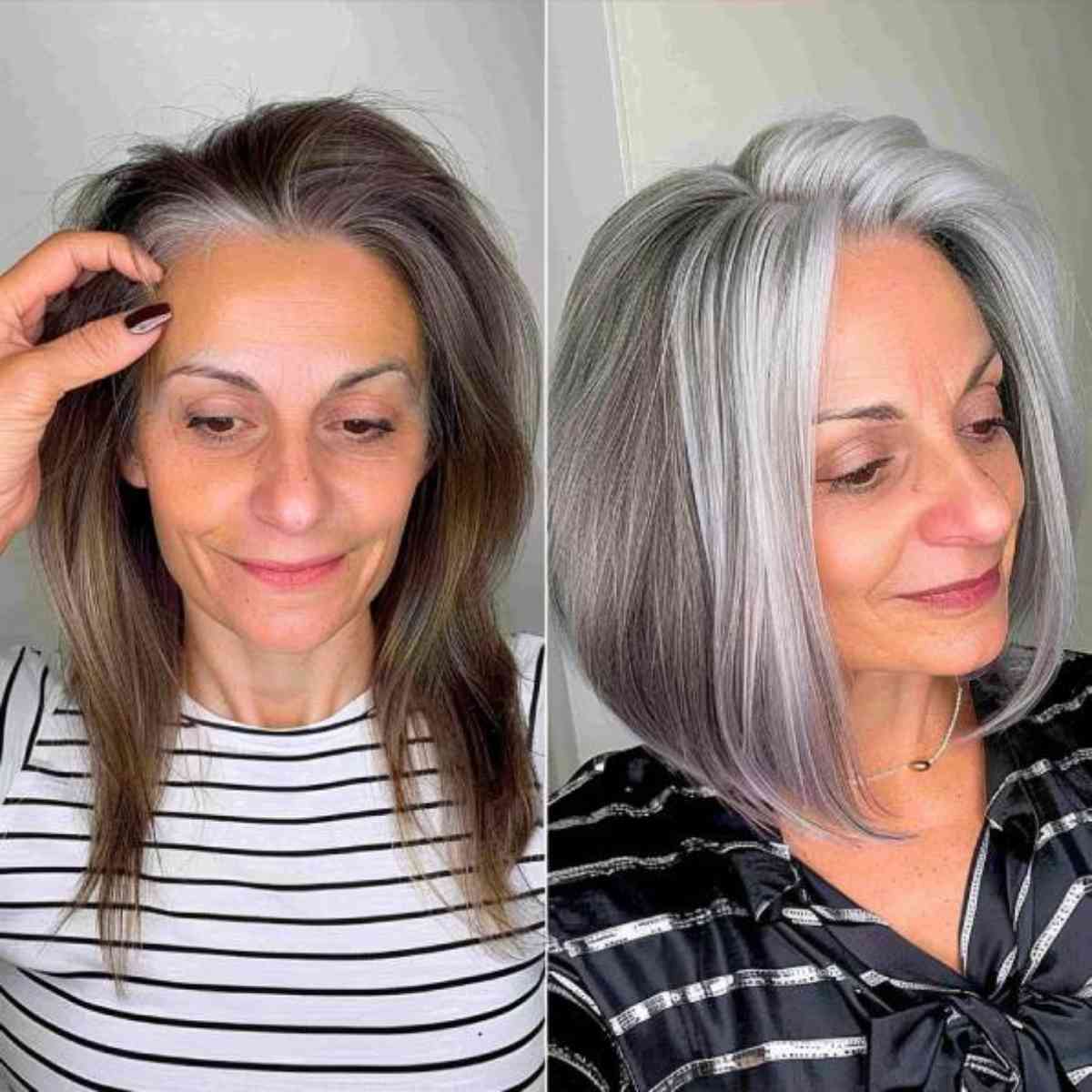 Low-Maintenance Lob Cut on Gray Hair for a Forty-Year-Old