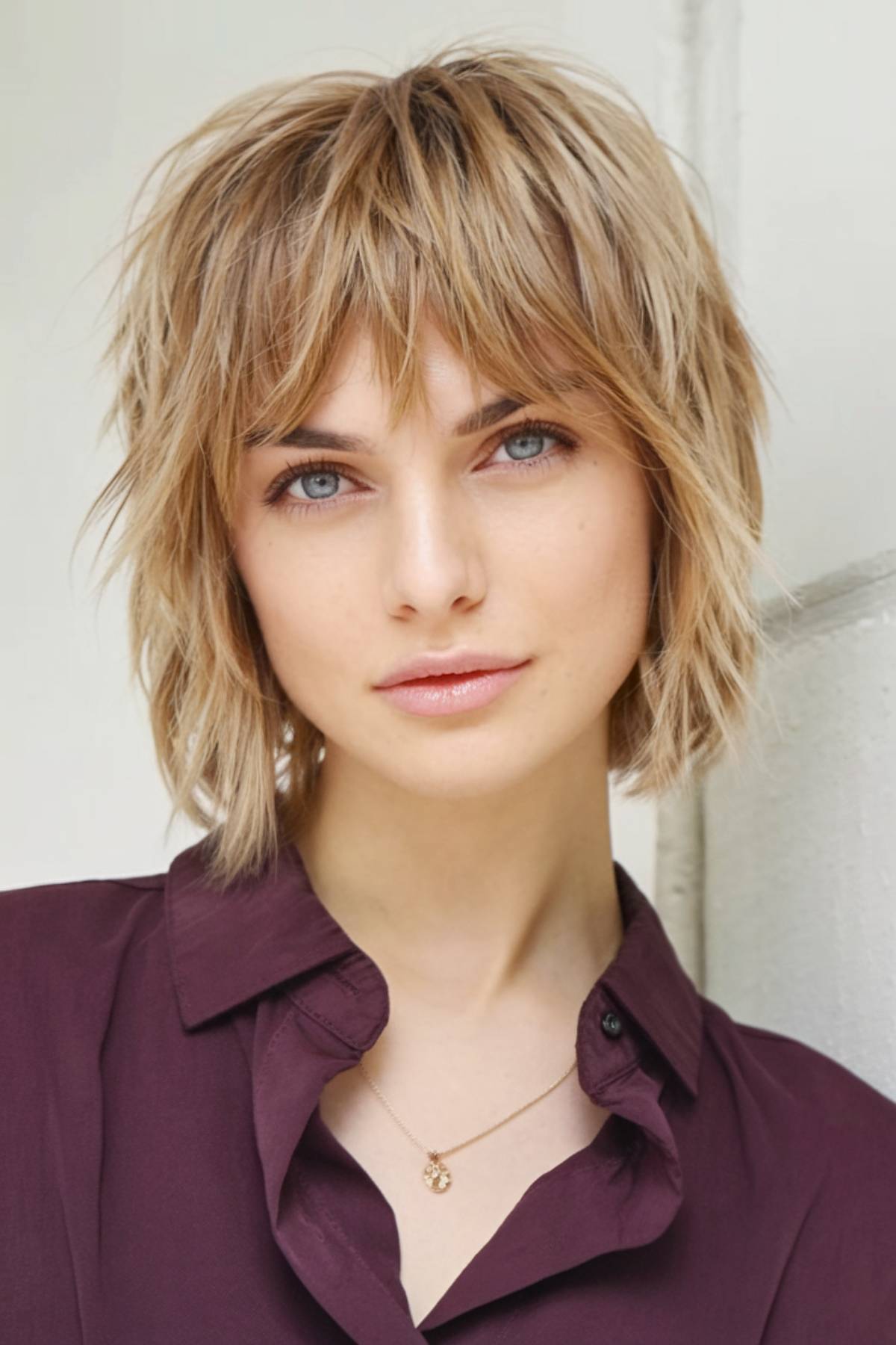 Soft shag haircut for fine hair with feathered layers and airy bangs