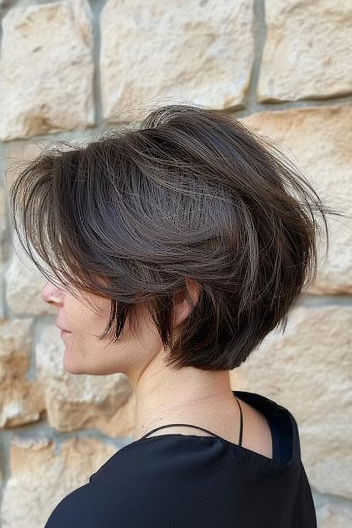 Short Stacked Bob Hairstyle with Textured Layers and Highlights