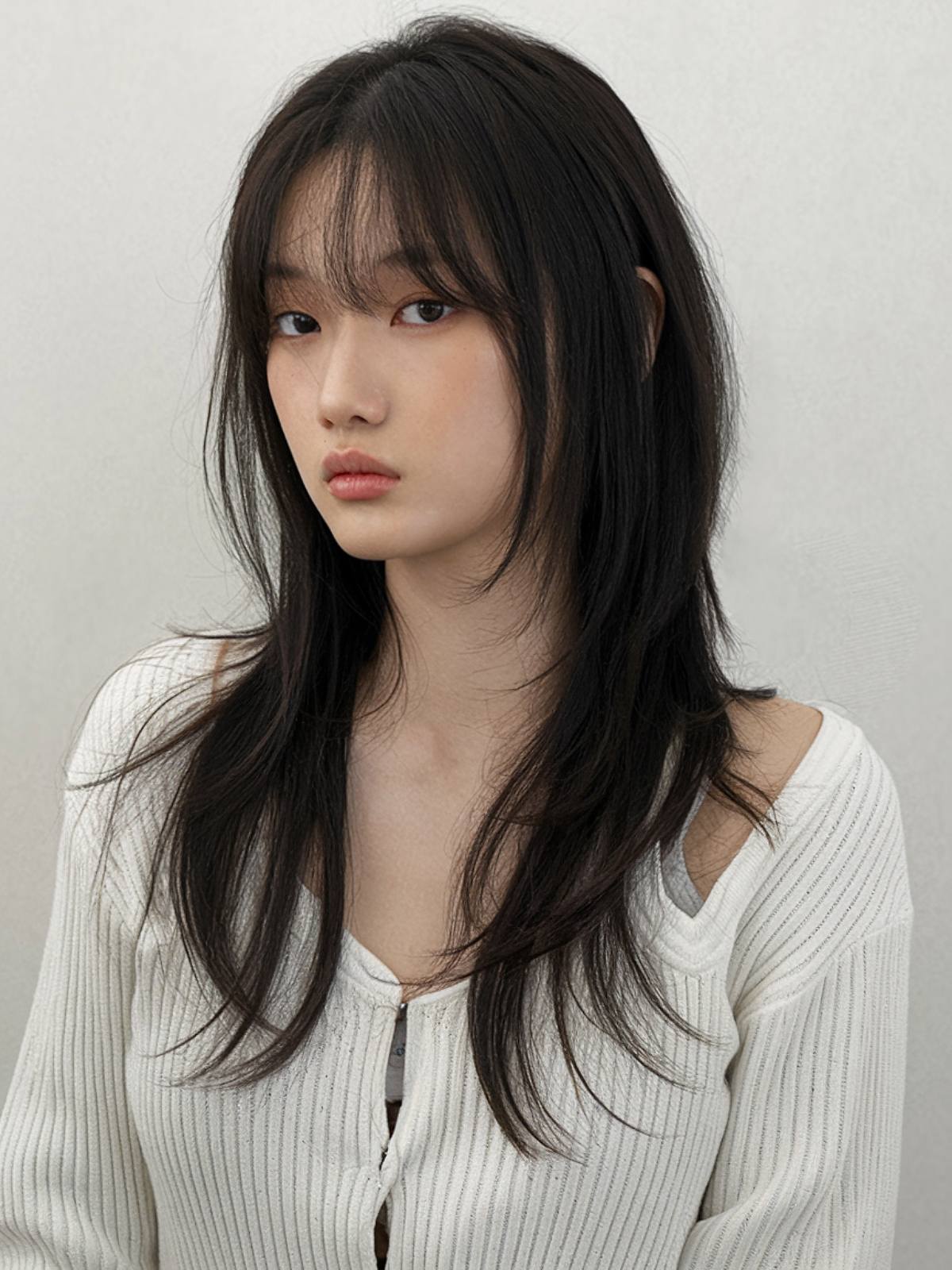 Long straight shag with airy fringe on fine hair