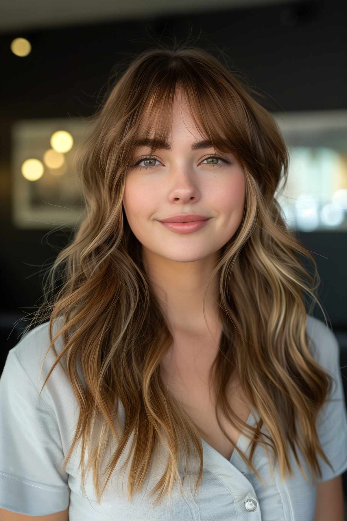 Woman with sleek straight bangs and soft wavy long hair